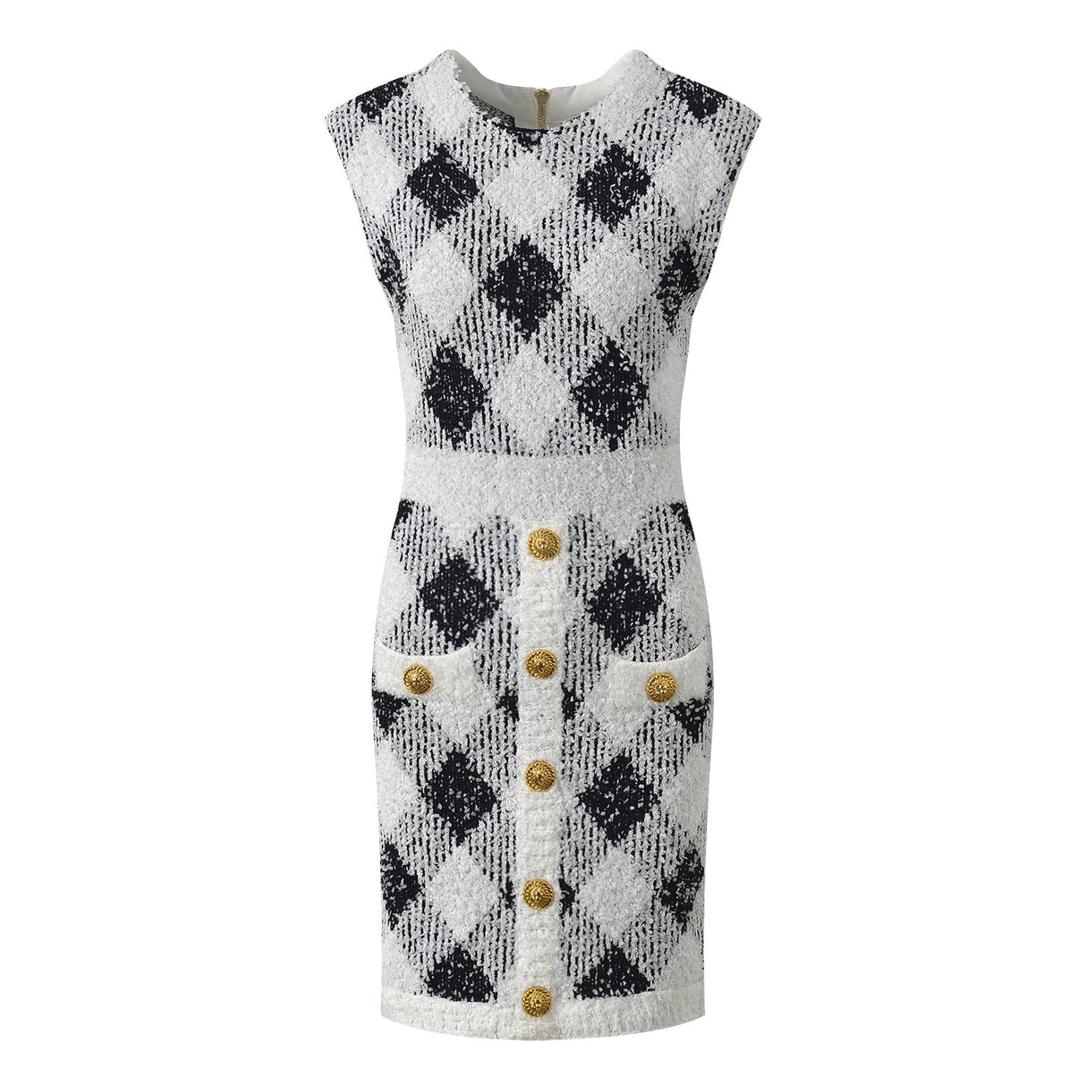 Argyle Dress - Fitted Bodycon Silhouette - Argyle Pattern With Pockets - Tailored Fit - Vintage Elegant Styling - Golden Button Accents