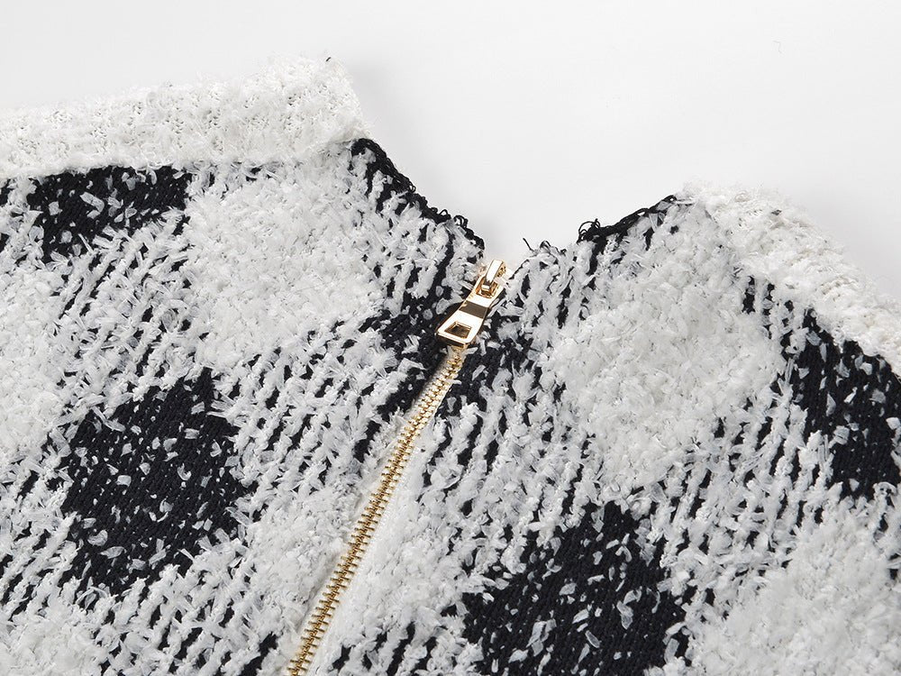 Argyle Dress - Fitted Bodycon Silhouette - Argyle Pattern With Pockets - Tailored Fit - Vintage Elegant Styling - Golden Button Accents