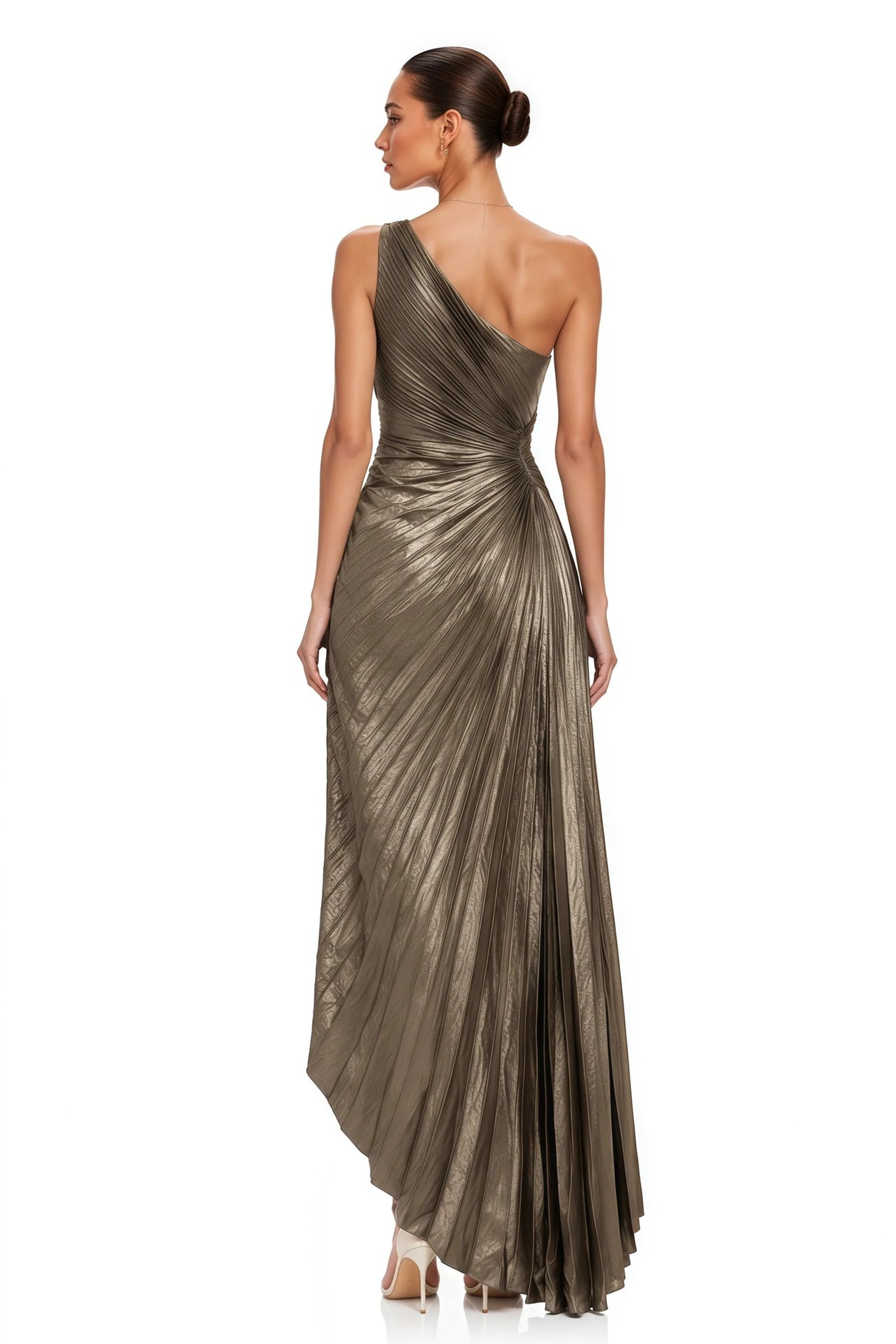 Aria Bronze One Shoulder Pleated Maxi Dress