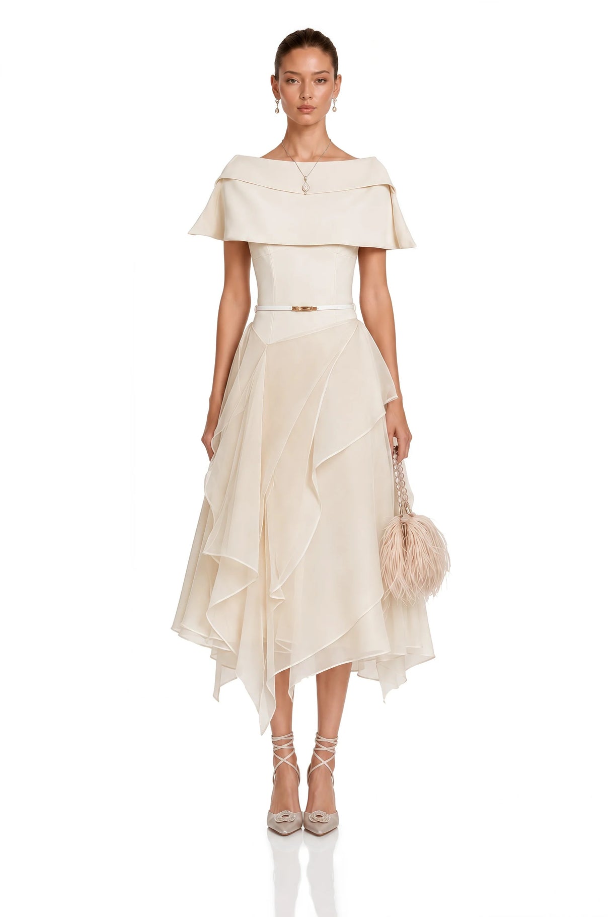Aria White Asymmetrical Shawl Tulle Panel Dress Set