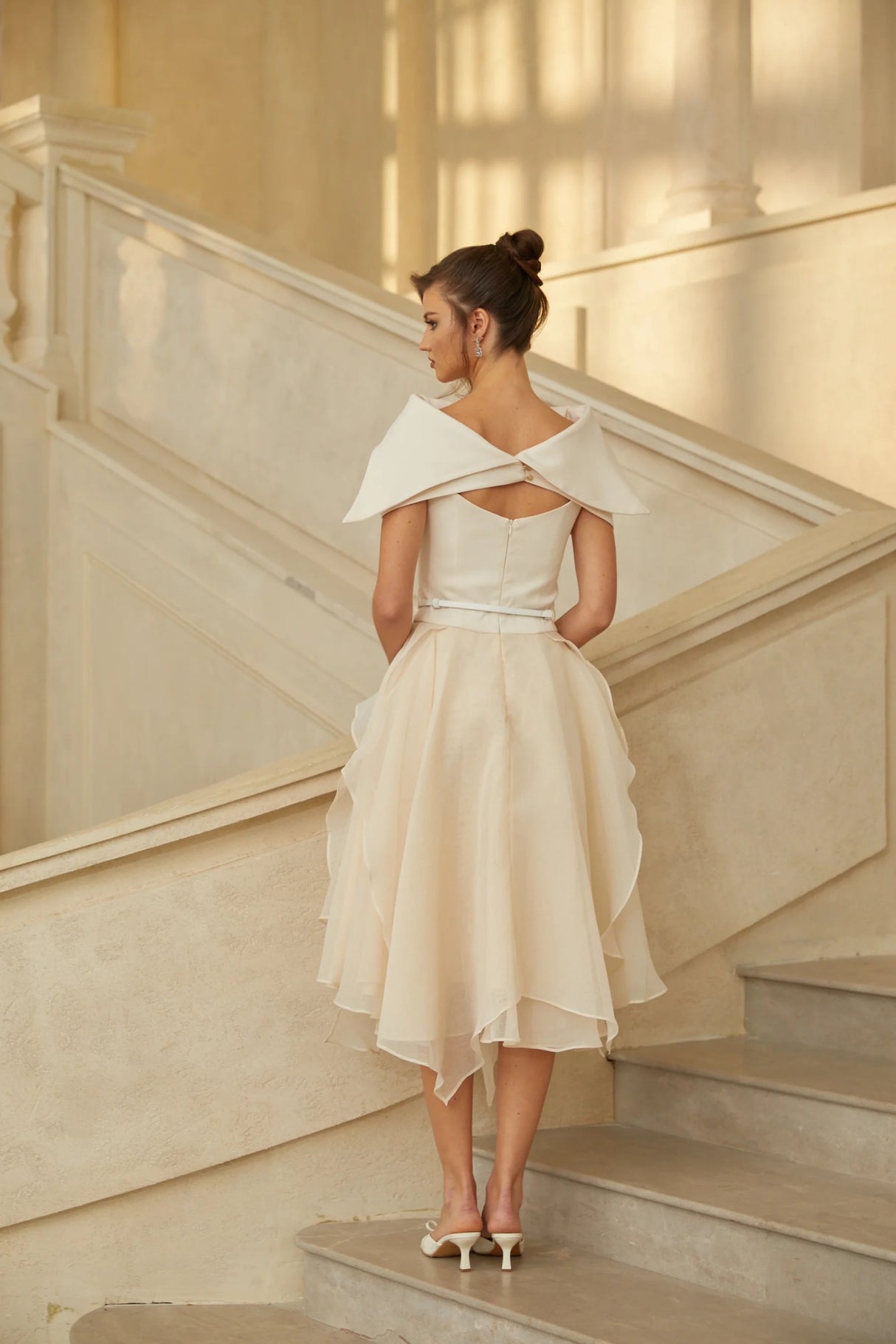 Aria White Asymmetrical Shawl Tulle Panel Dress Set