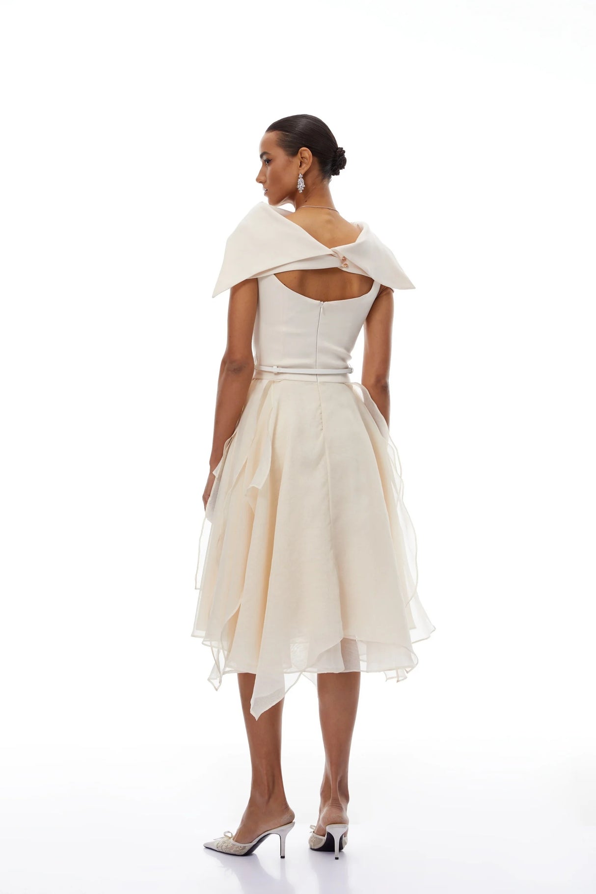 Aria White Asymmetrical Shawl Tulle Panel Dress Set