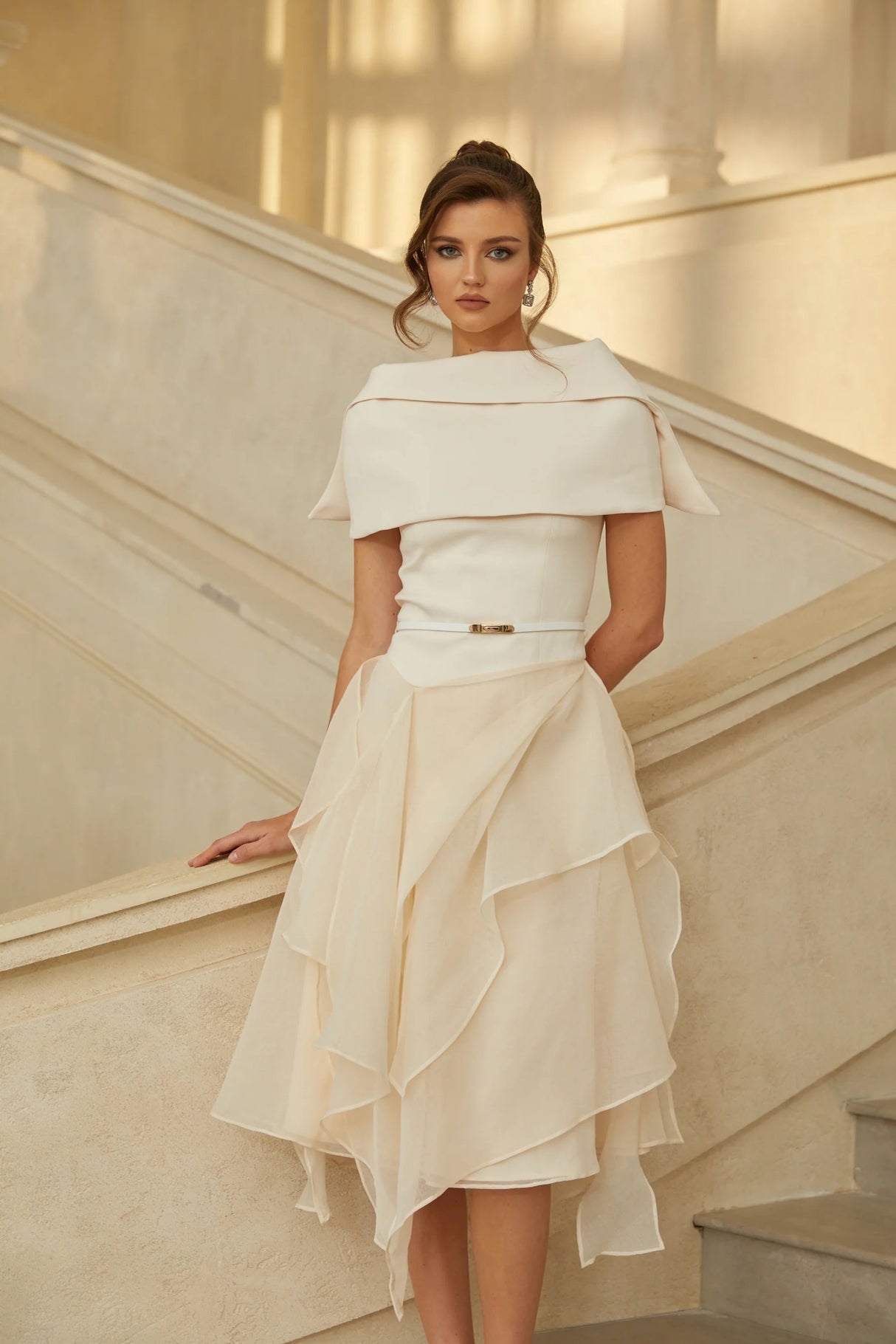 Aria White Asymmetrical Shawl Tulle Panel Dress Set