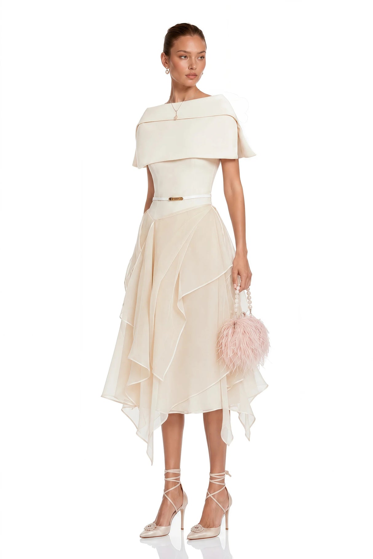Aria White Asymmetrical Shawl Tulle Panel Dress Set