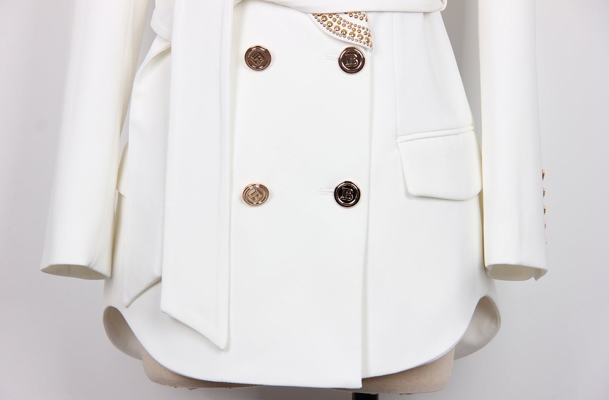 Arianna Blazer - Tailored Double - Breasted Design - Embellished Collar - Waist - Cinching Belt - Lightweight Fabric - Modern Luxury Style