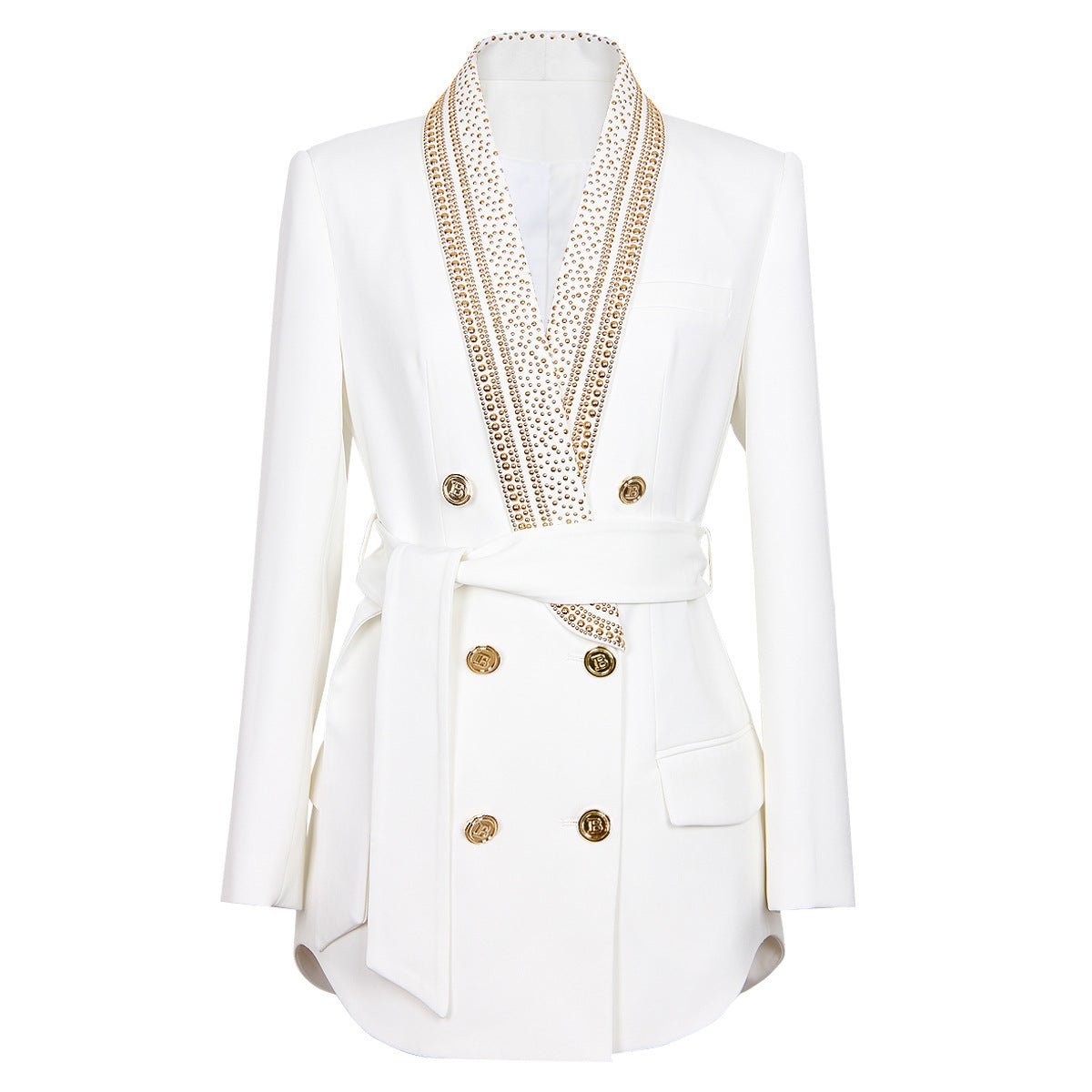 Arianna Blazer - Tailored Double - Breasted Design - Embellished Collar - Waist - Cinching Belt - Lightweight Fabric - Modern Luxury Style