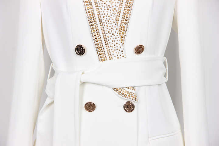 Arianna Blazer - Tailored Double - Breasted Design - Embellished Collar - Waist - Cinching Belt - Lightweight Fabric - Modern Luxury Style
