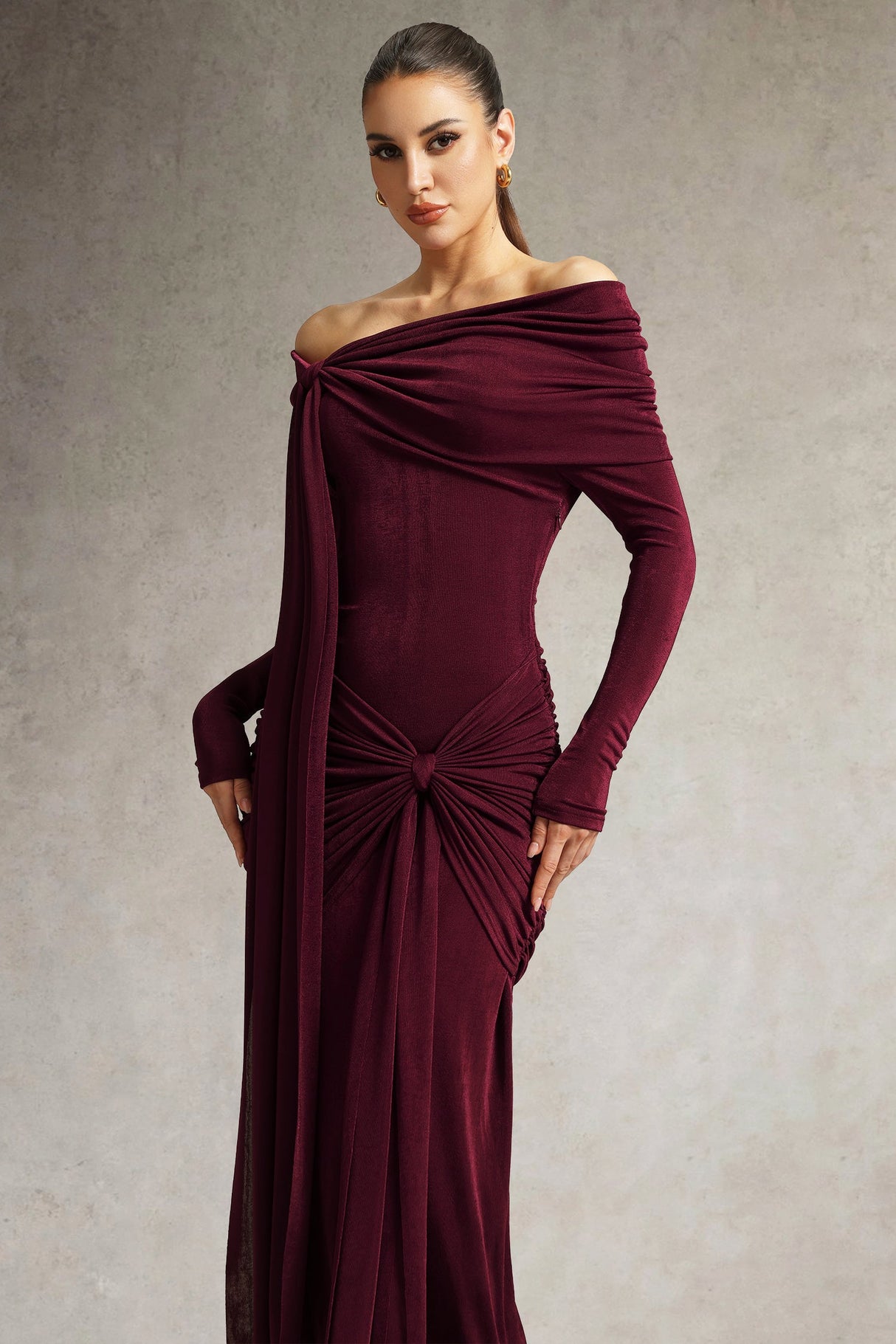 Arianna Burgundy Off-Shoulder Ruched Dress