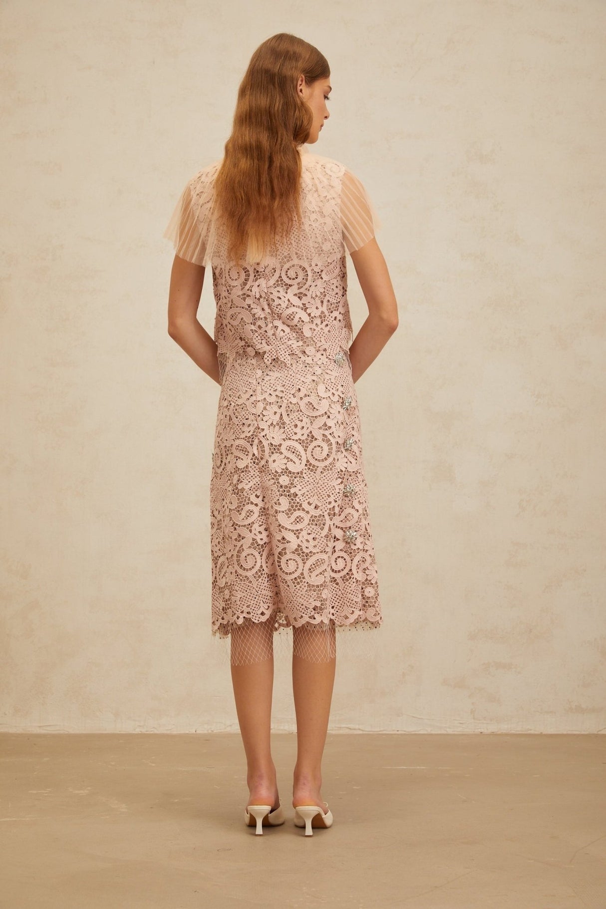 Arianna Lace Top & Skirt - Frilled Neck - Tulle Panelling - Crystal Embellishment - Rear Zip Fastening
