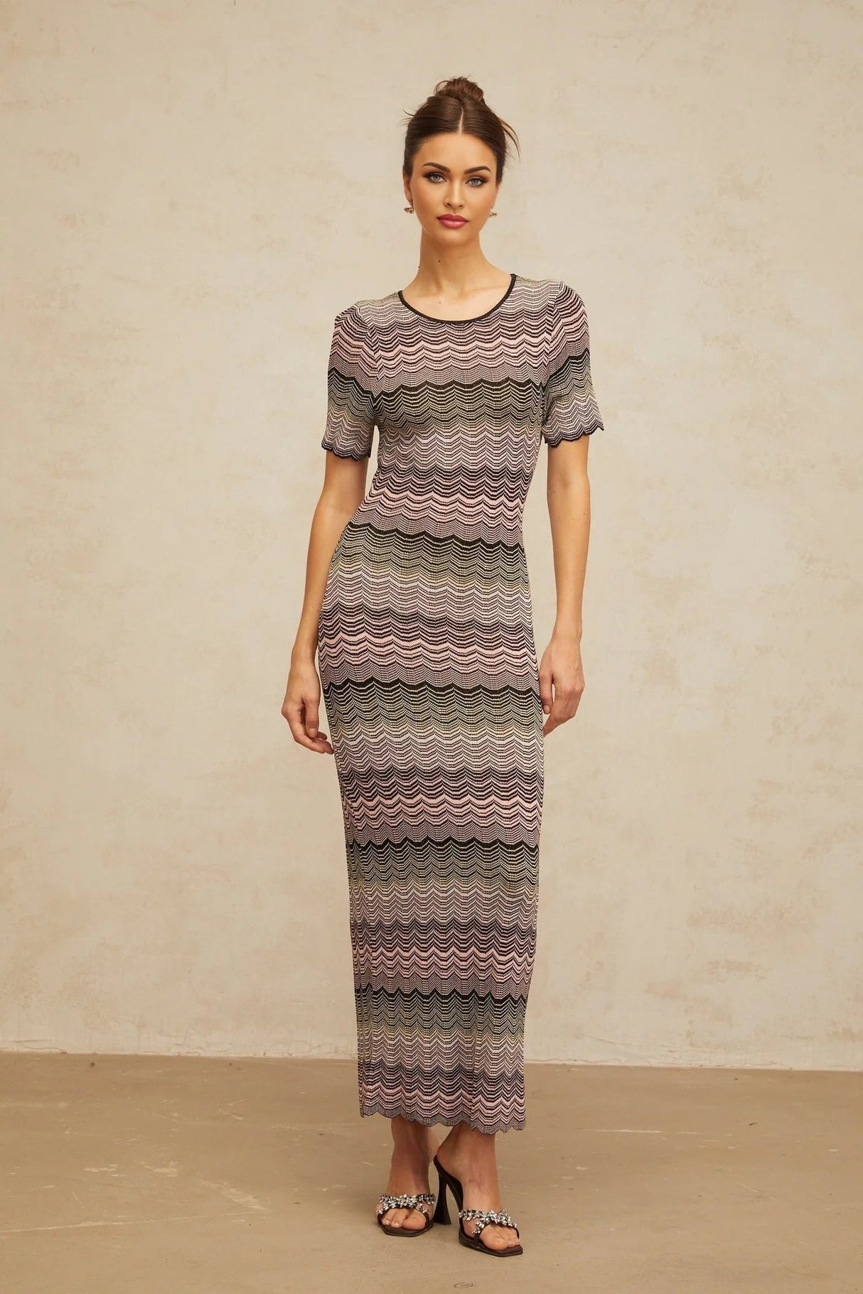 Arianna Maxi Dress Pink Wavy Crochet Knit