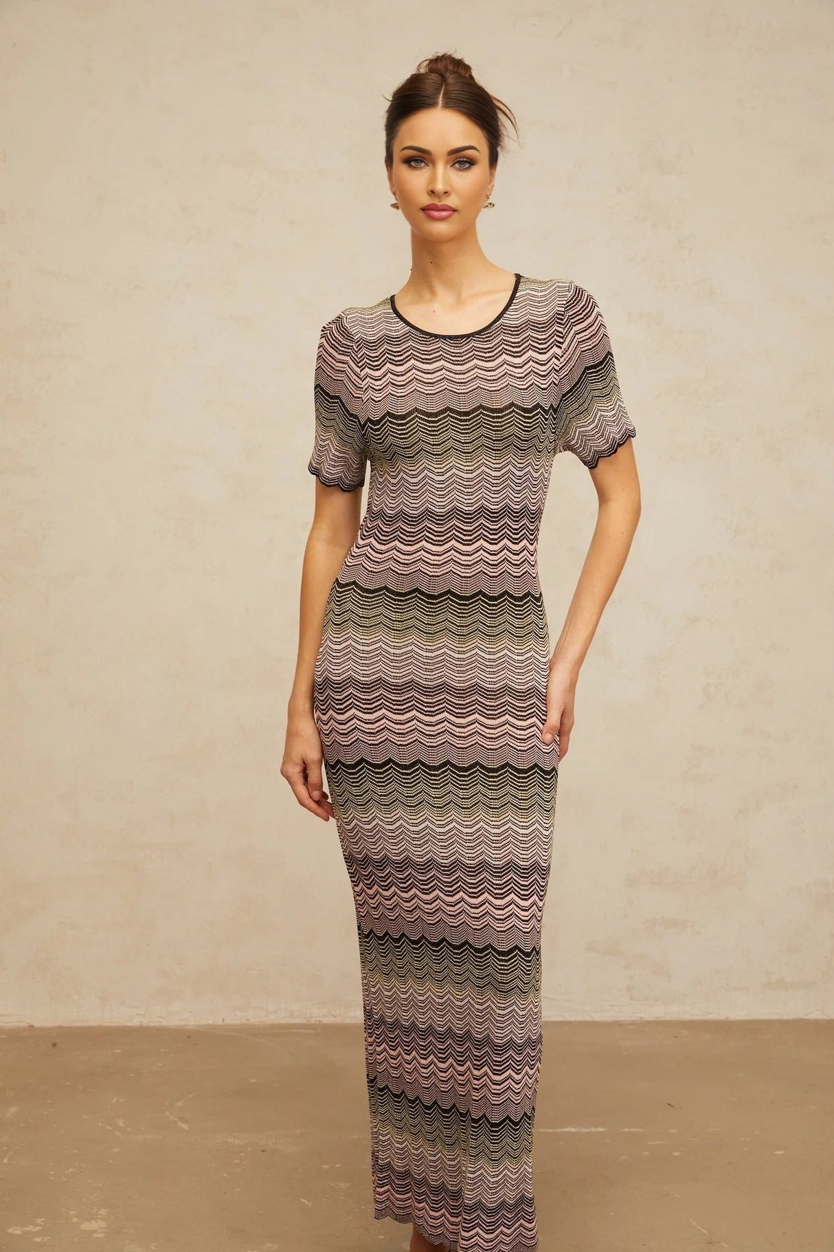 Arianna Maxi Dress Pink Wavy Crochet Knit