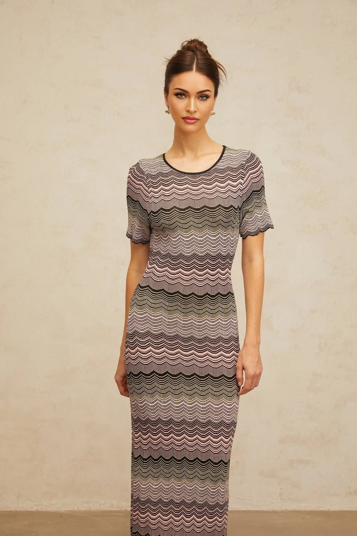 Arianna Maxi Dress Pink Wavy Crochet Knit