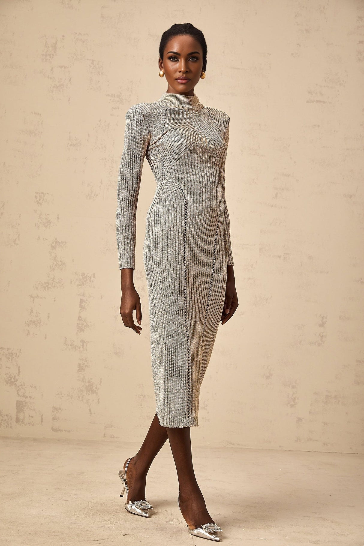 Arianna Midi Dress - Metallic Gold - tone - Ribbed Knit - Shoulder Pads - Fitted Silhouette - Calf Length