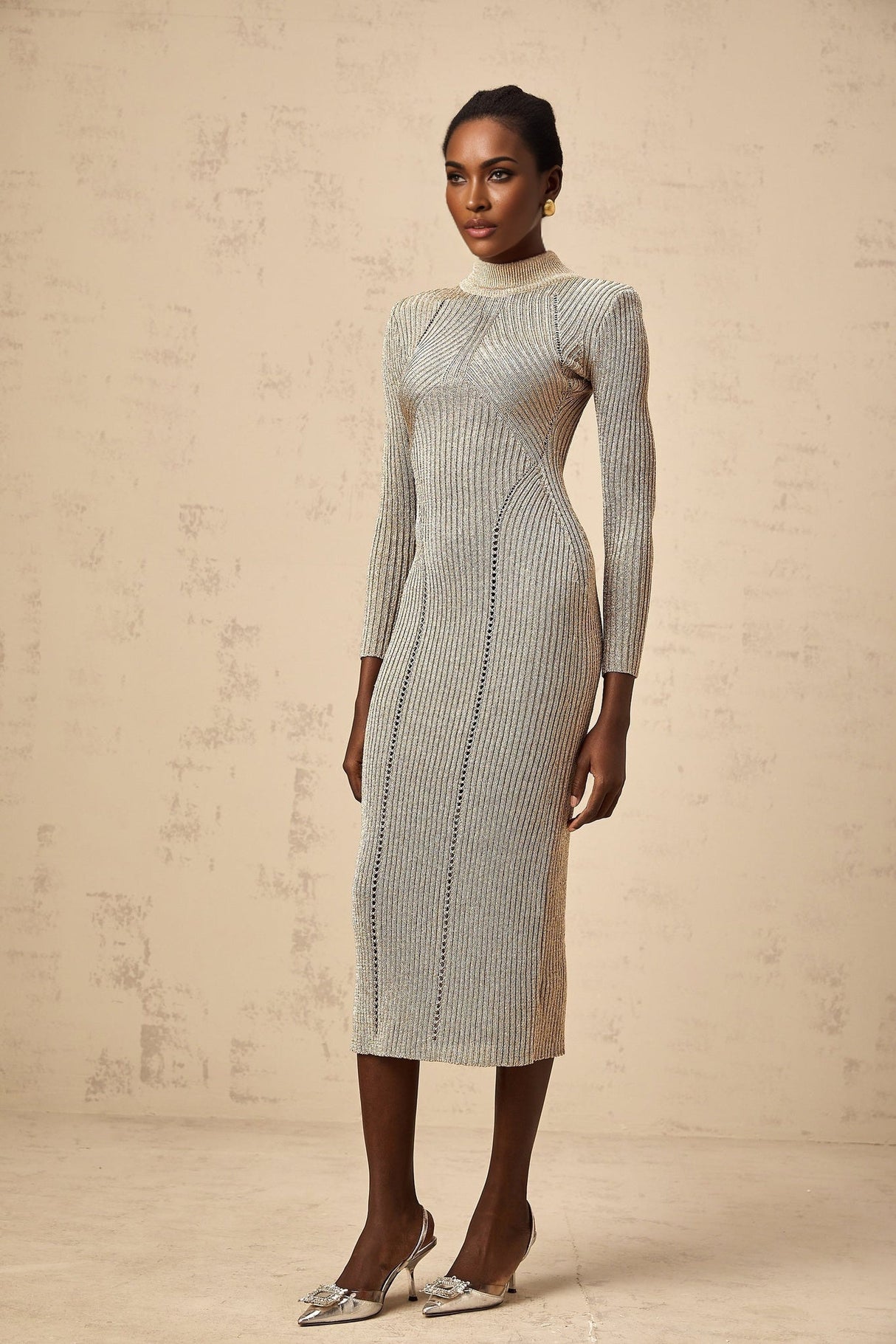 Arianna Midi Dress - Metallic Gold - tone - Ribbed Knit - Shoulder Pads - Fitted Silhouette - Calf Length