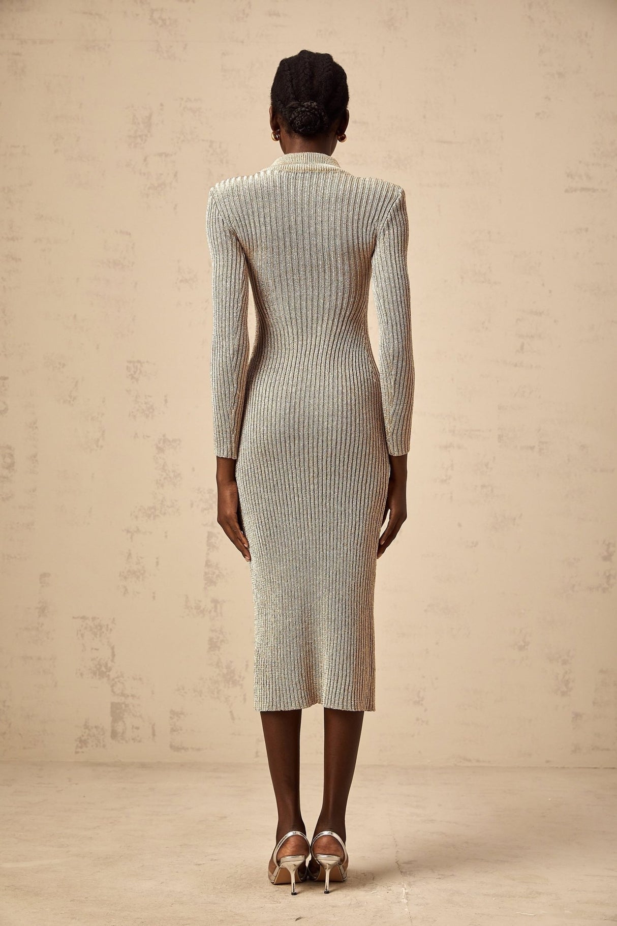 Arianna Midi Dress - Metallic Gold - tone - Ribbed Knit - Shoulder Pads - Fitted Silhouette - Calf Length