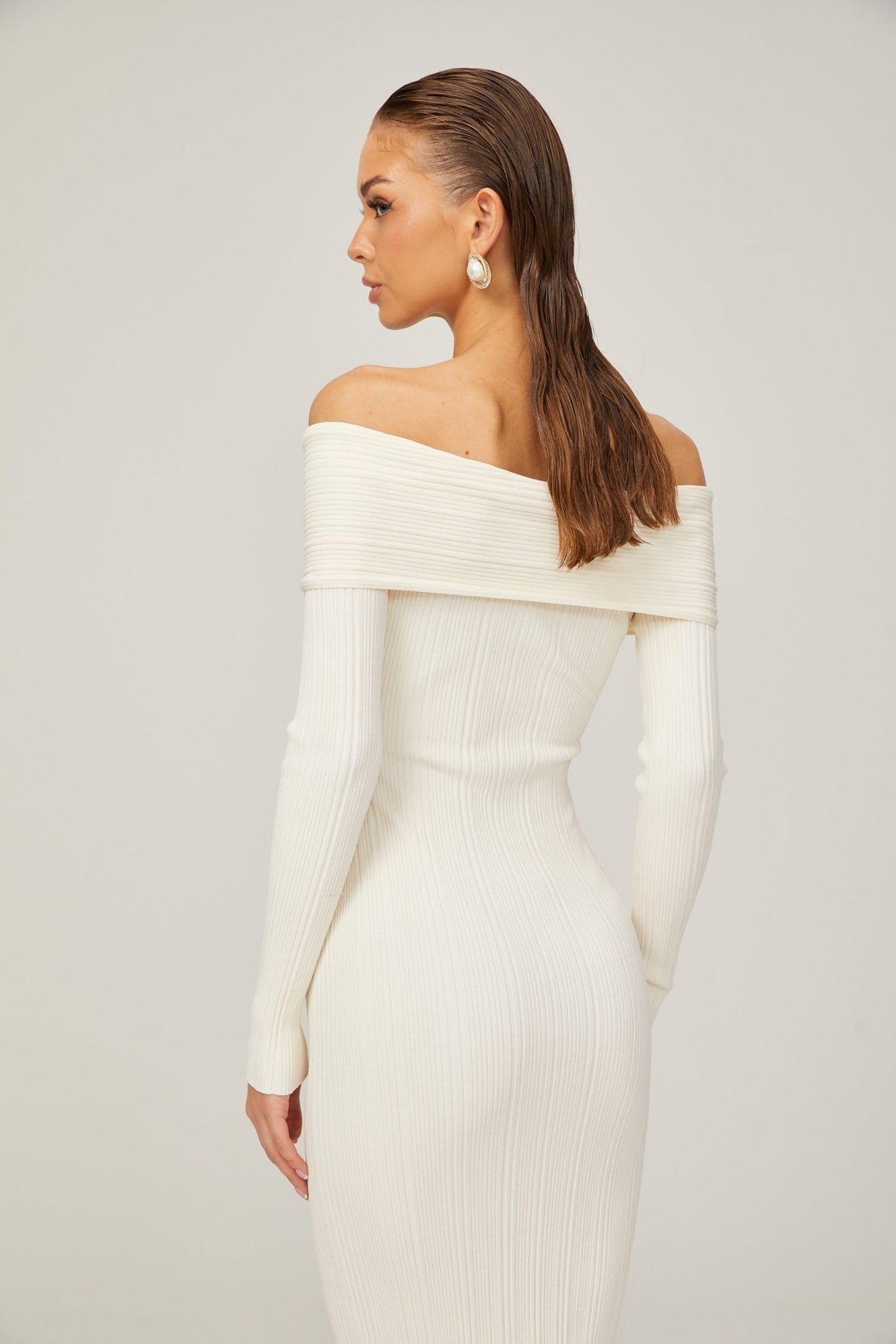 Arianna Midi Dress - Off - Shoulder Ribbed Knit - Long Sleeves - Crossover Front
