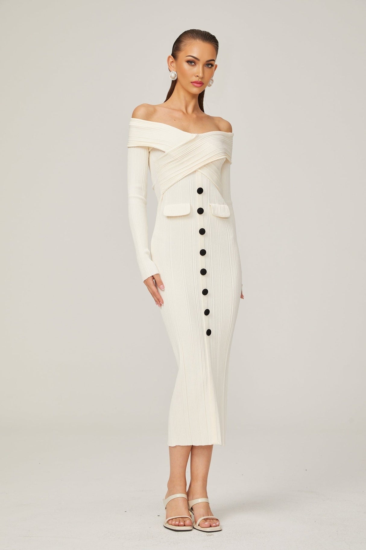 Arianna Midi Dress - Off - Shoulder Ribbed Knit - Long Sleeves - Crossover Front