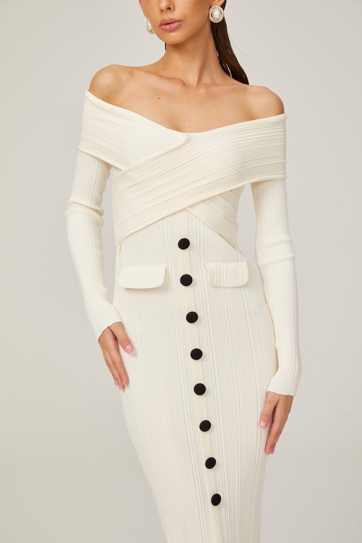 Arianna Midi Dress - Off - Shoulder Ribbed Knit - Long Sleeves - Crossover Front