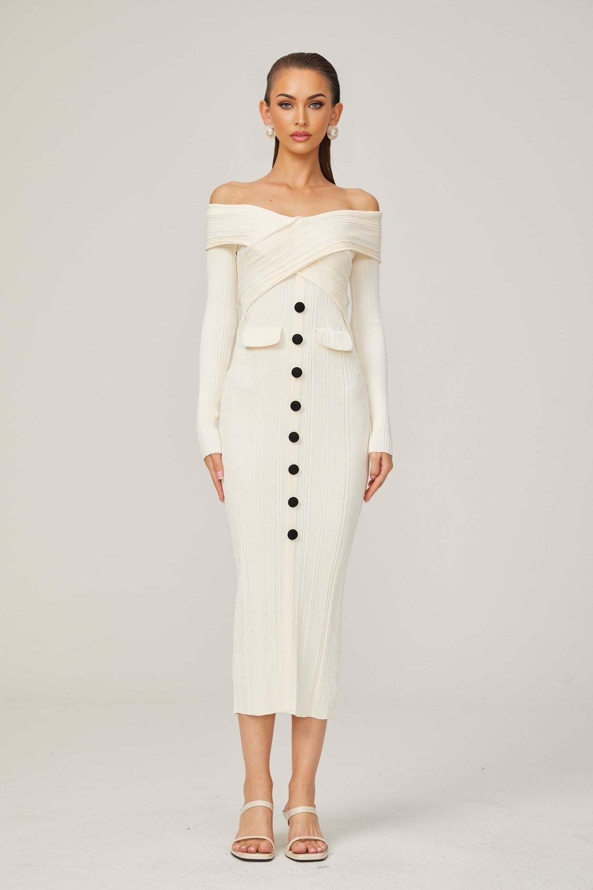 Arianna Midi Dress - Off - Shoulder Ribbed Knit - Long Sleeves - Crossover Front