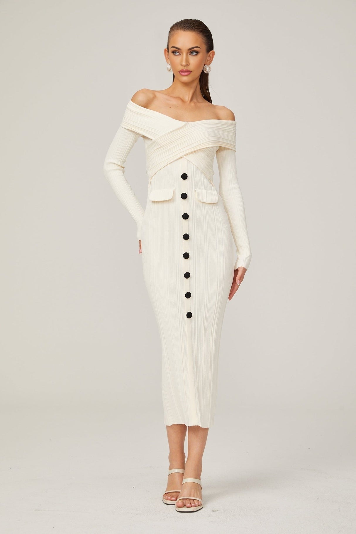 Arianna Midi Dress - Off - Shoulder Ribbed Knit - Long Sleeves - Crossover Front