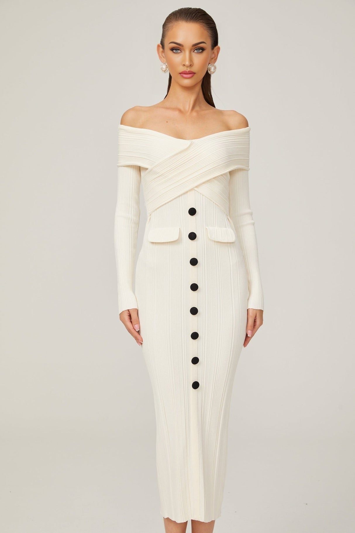 Arianna Midi Dress - Off - Shoulder Ribbed Knit - Long Sleeves - Crossover Front