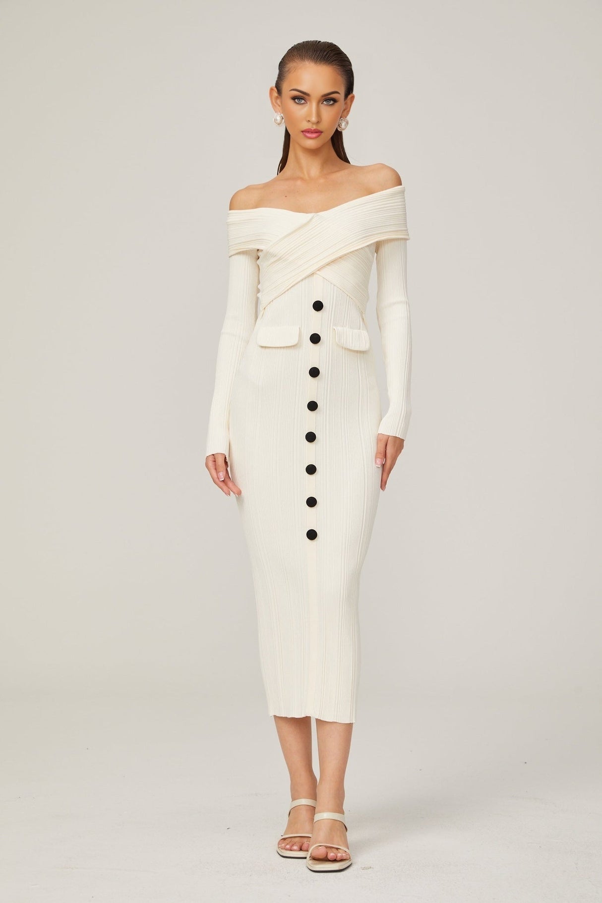 Arianna Midi Dress - Off - Shoulder Ribbed Knit - Long Sleeves - Crossover Front
