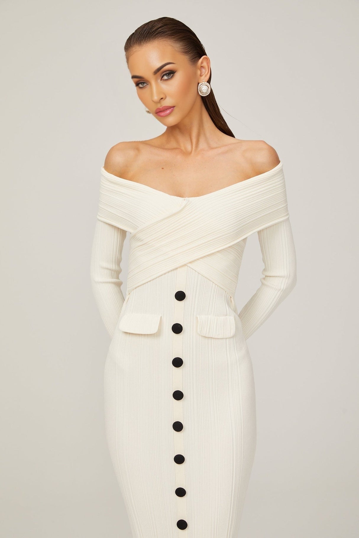 Arianna Midi Dress - Off - Shoulder Ribbed Knit - Long Sleeves - Crossover Front