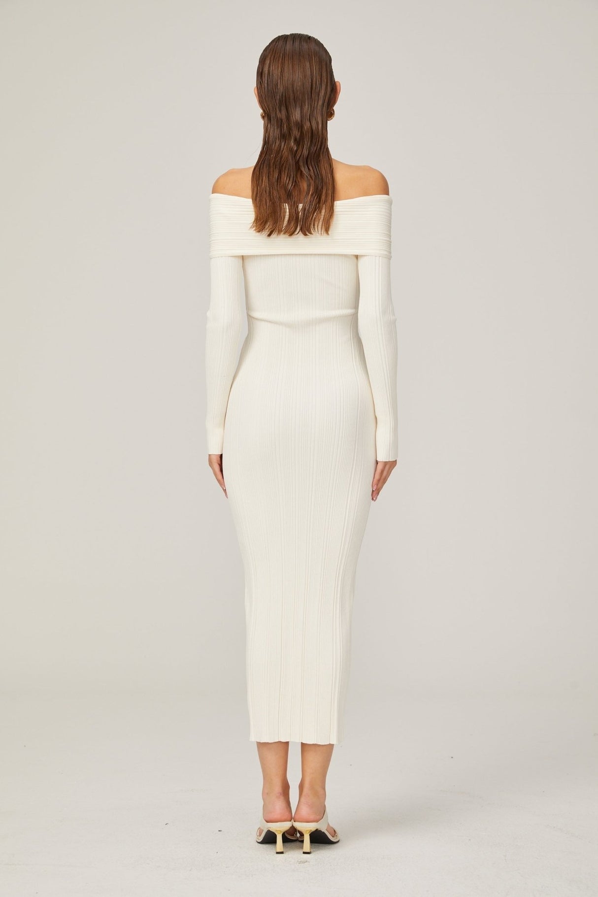 Arianna Midi Dress - Off - Shoulder Ribbed Knit - Long Sleeves - Crossover Front
