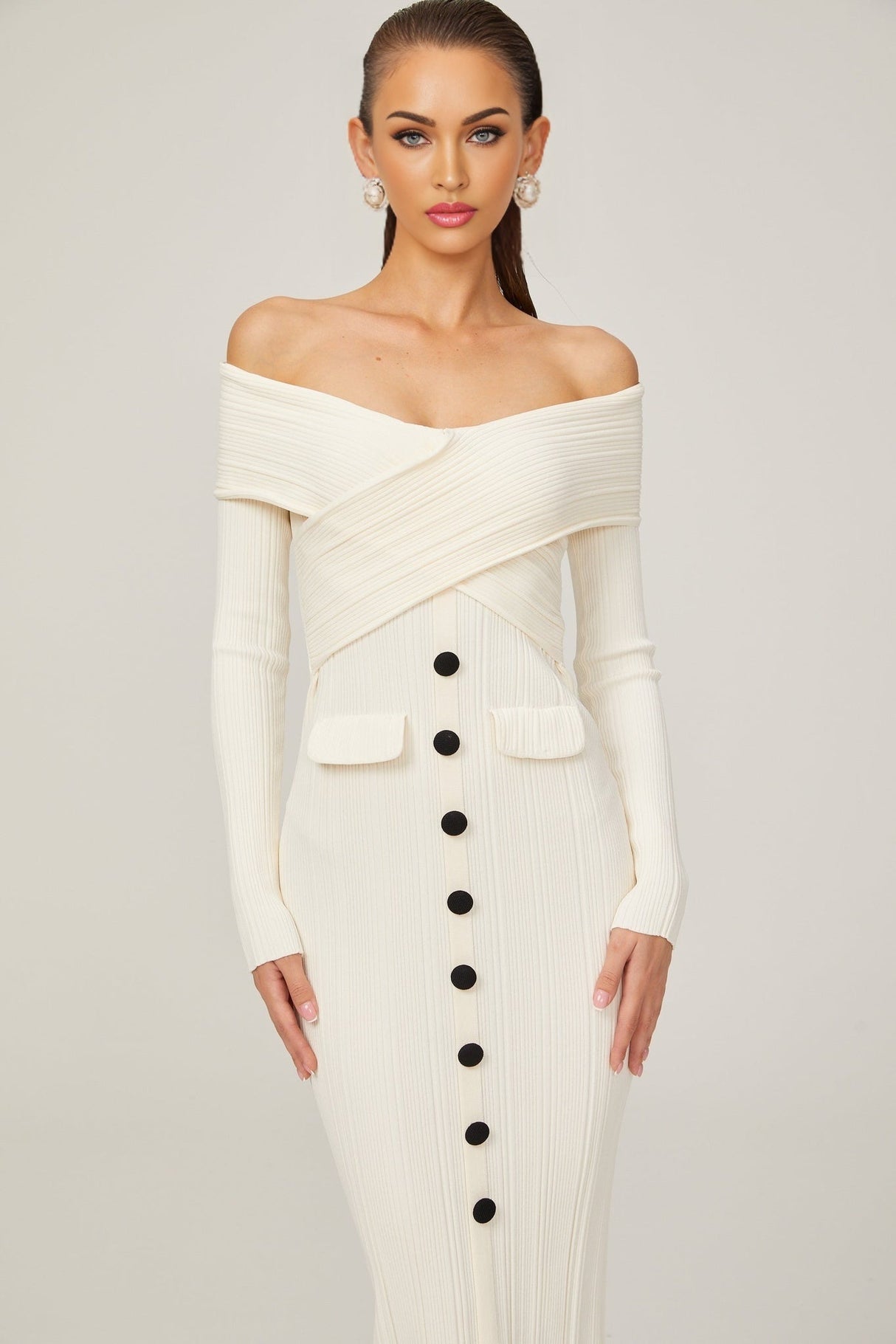 Arianna Midi Dress - Off - Shoulder Ribbed Knit - Long Sleeves - Crossover Front