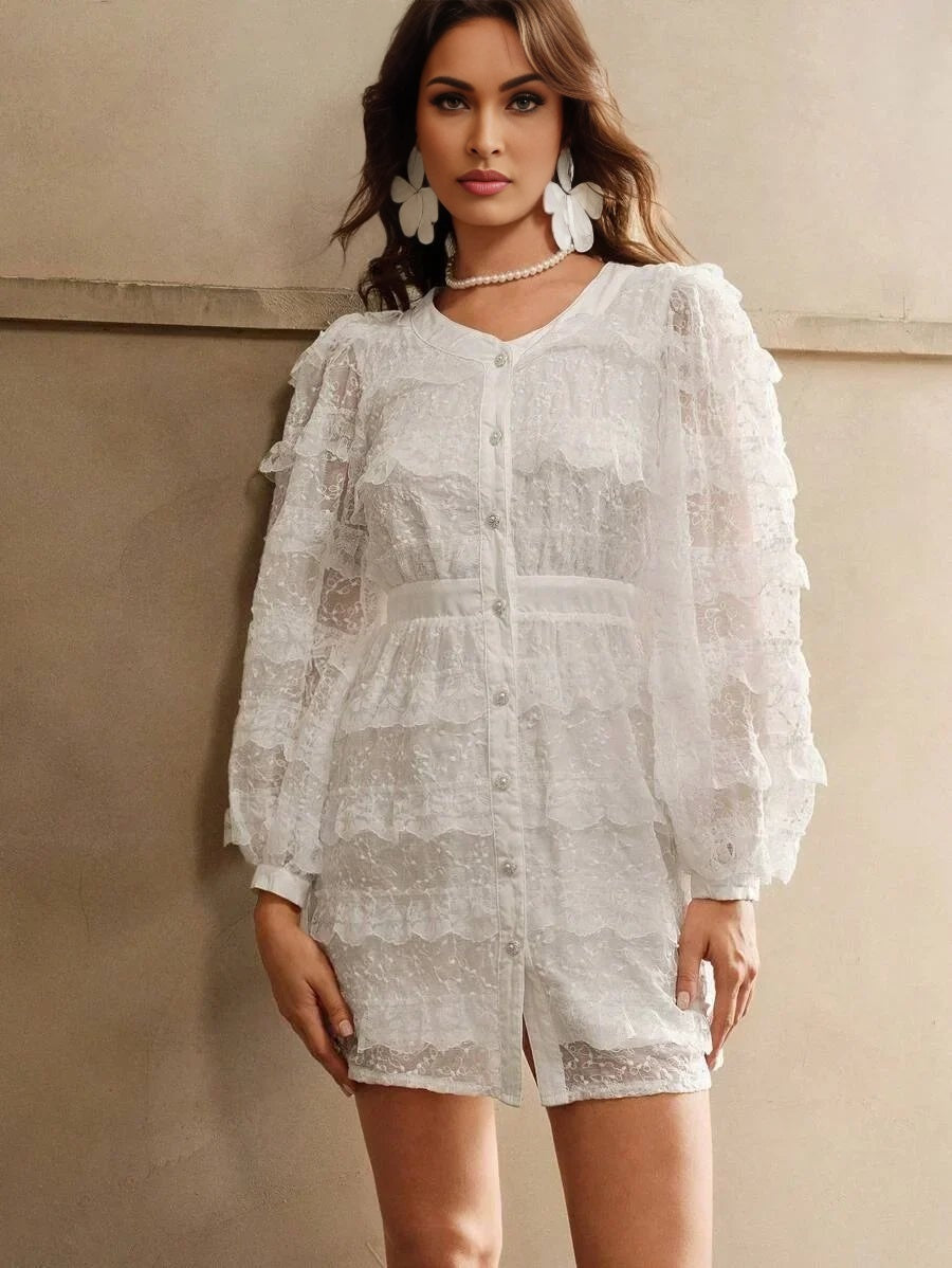 Arianna Midi Dress - Round Neck - Bishop Sleeve - High Waist - Elegant - A Line