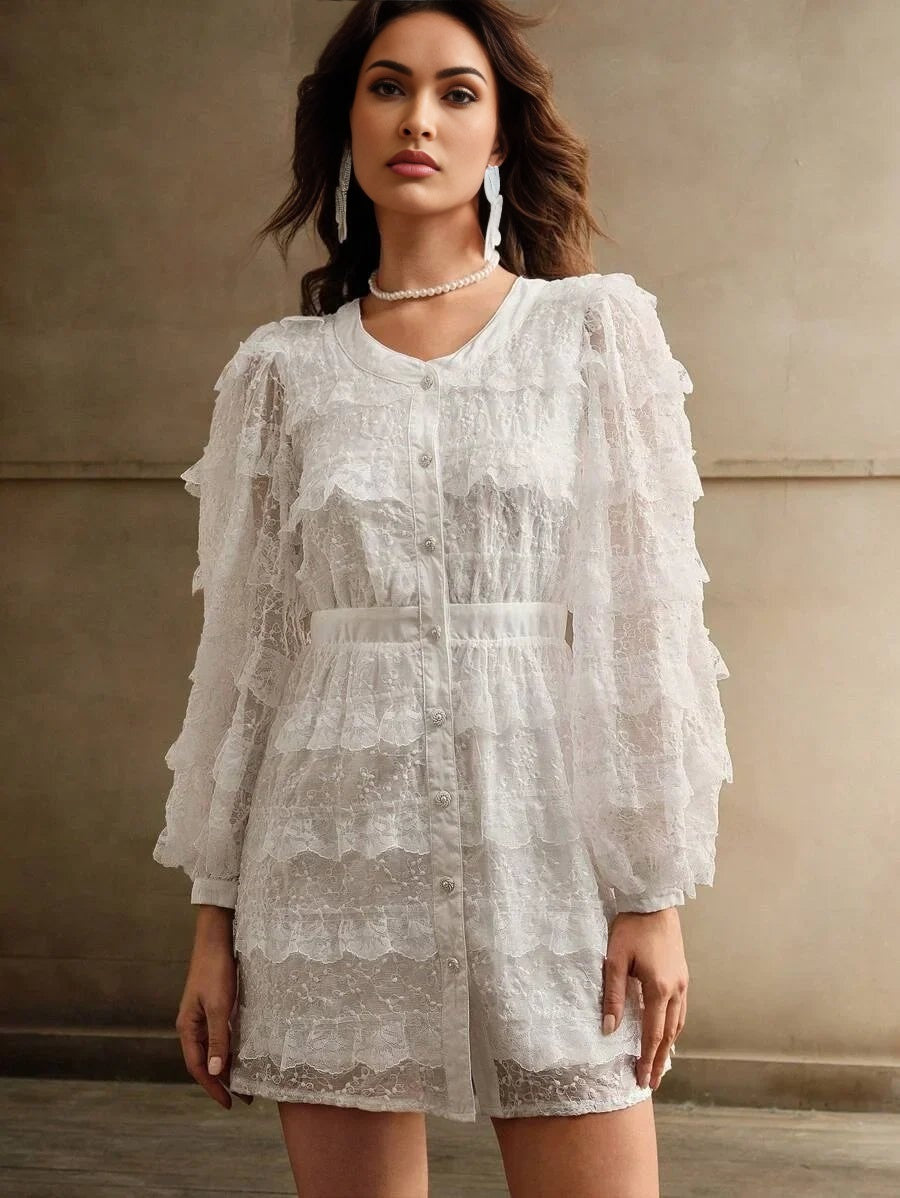 Arianna Midi Dress - Round Neck - Bishop Sleeve - High Waist - Elegant - A Line