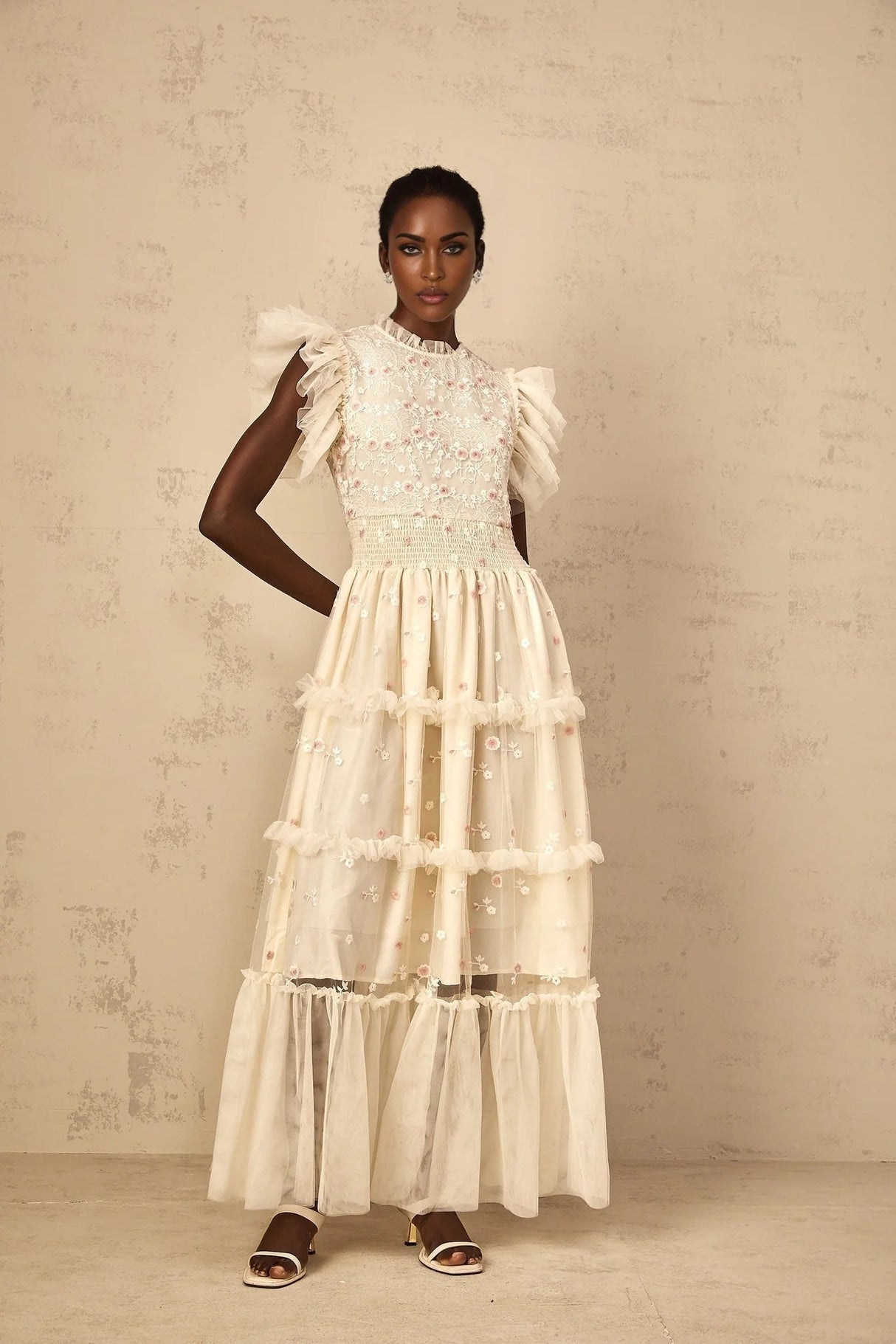 Ariella Maxi Dress White Floral Embroidered Tiered Tulle