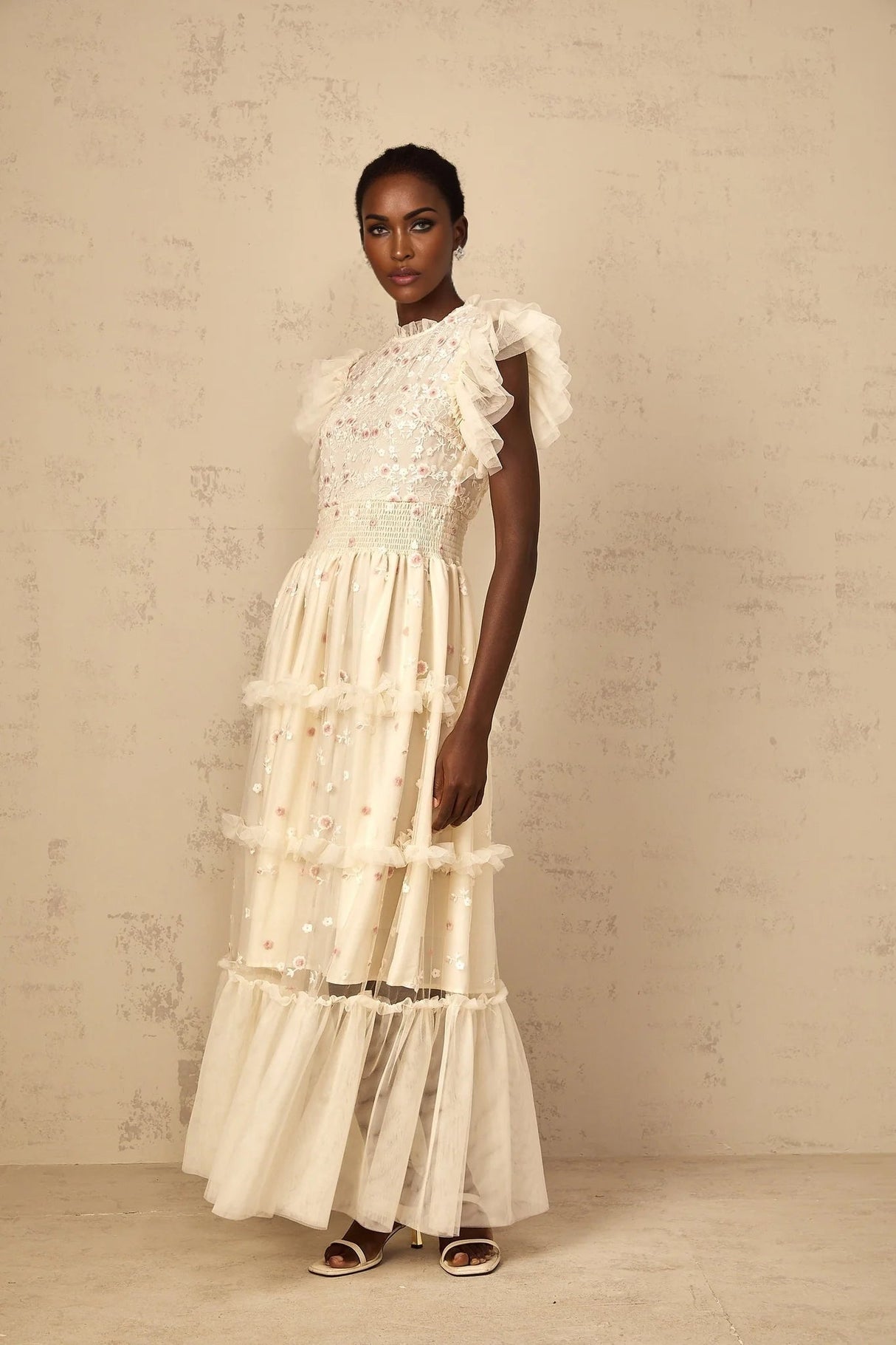 Ariella Maxi Dress White Floral Embroidered Tiered Tulle