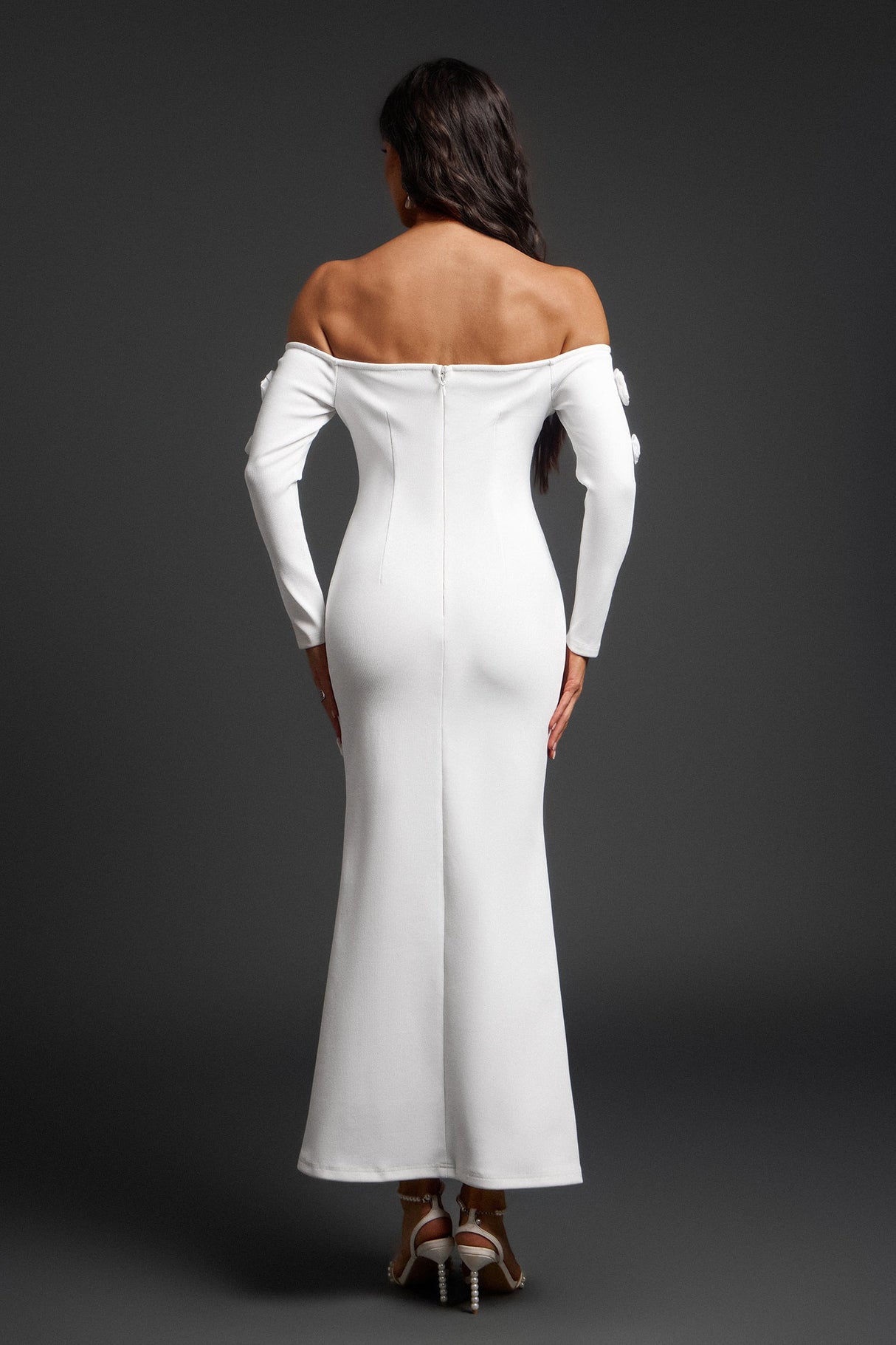 Ariella White Off-Shoulder Maxi Dress Floral Appliqué Slit Detail