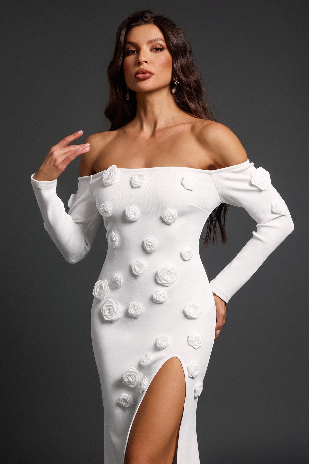 Ariella White Off-Shoulder Maxi Dress with Floral Appliqués and Slit