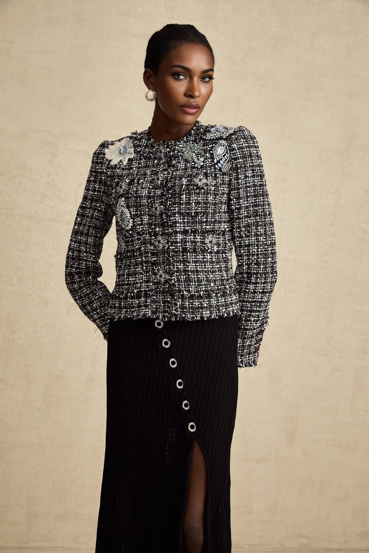 Armanda Jacket - Tweed Boucl Check Pattern - Rhinestone Embellishments - Cropped Style - Press - Stud Fastening