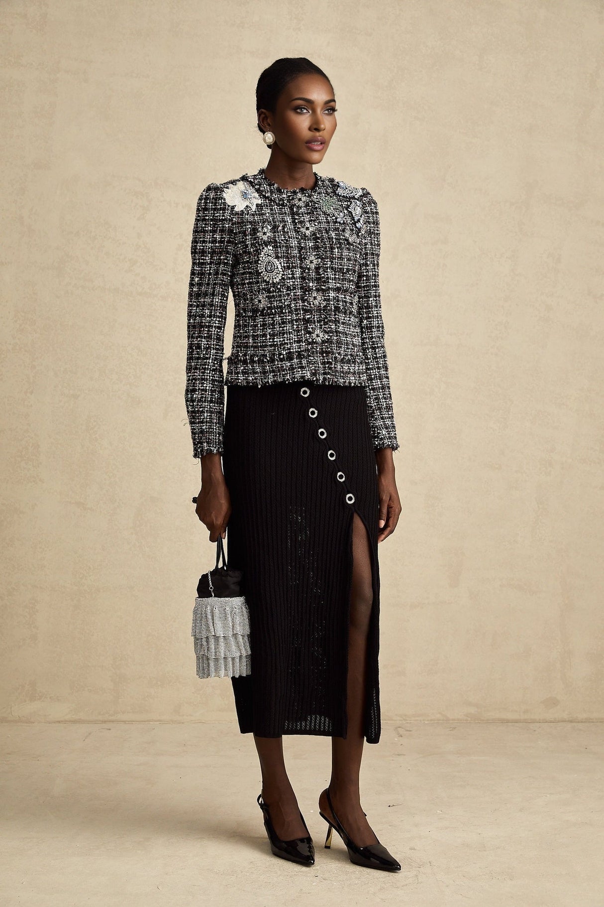 Armanda Jacket - Tweed Boucl Check Pattern - Rhinestone Embellishments - Cropped Style - Press - Stud Fastening