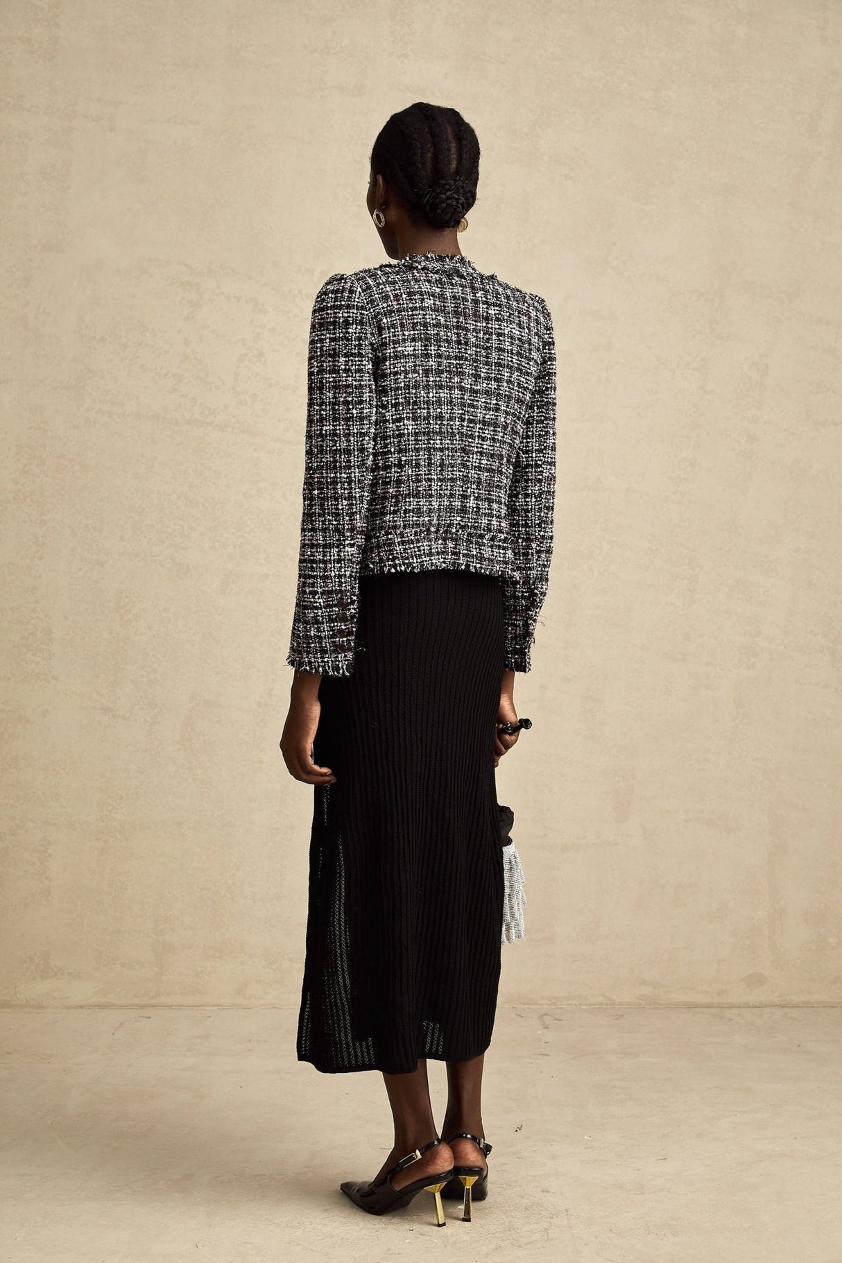 Armanda Jacket - Tweed Boucl Check Pattern - Rhinestone Embellishments - Cropped Style - Press - Stud Fastening