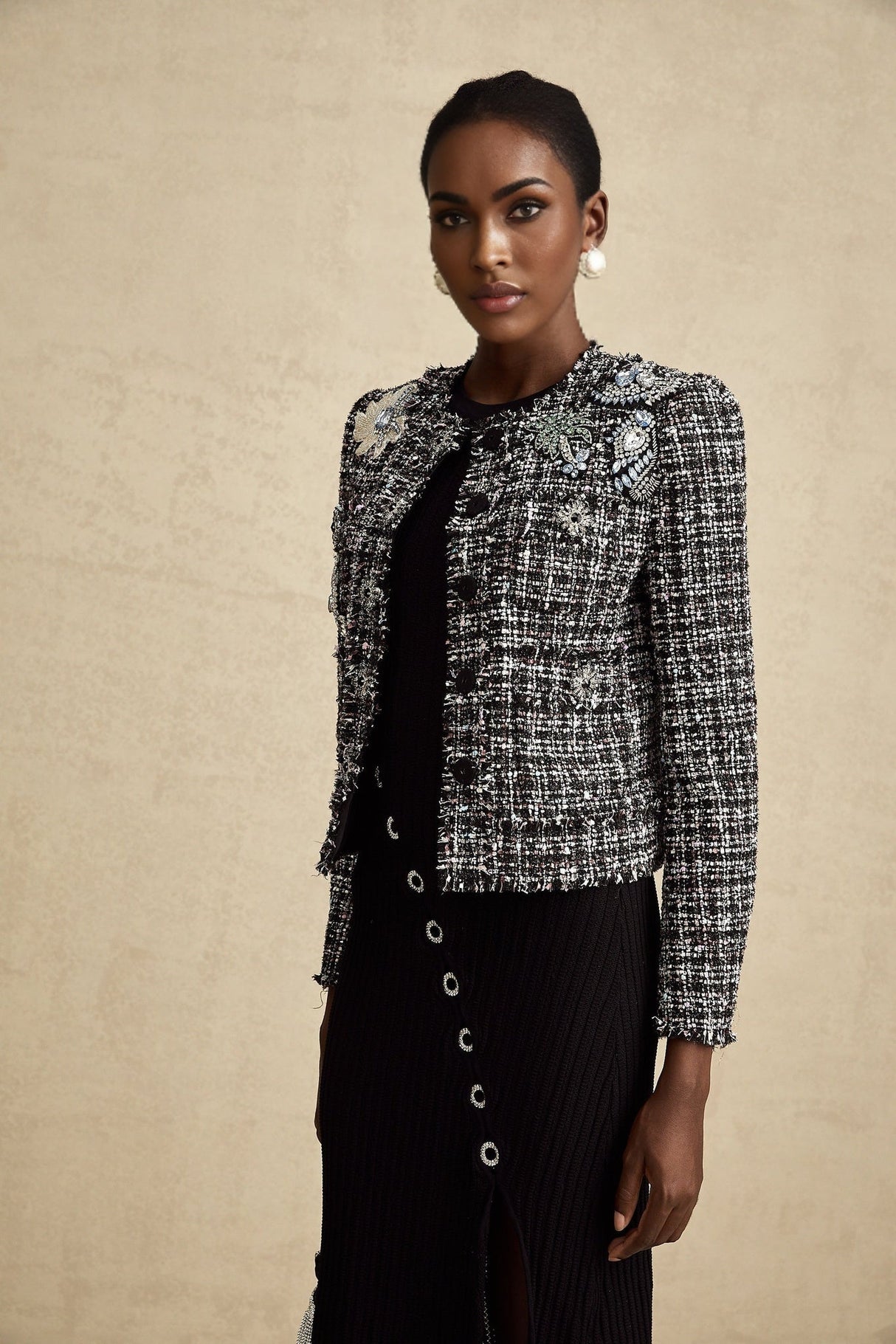Armanda Jacket - Tweed Boucl Check Pattern - Rhinestone Embellishments - Cropped Style - Press - Stud Fastening