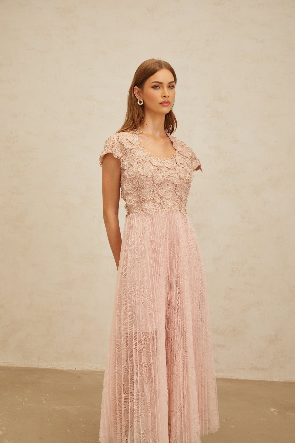 Armanda Midi Dress - Cap Sleeves - Cinched Waist - Panelled Design - Floral Embroidery - Metallic Threading