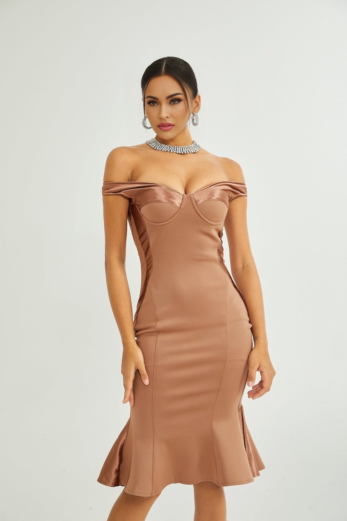 Armanda Off the Shoulder - Bustier Style - Waist Tightened - Satin Finish - Flared Hem - Midi Dress