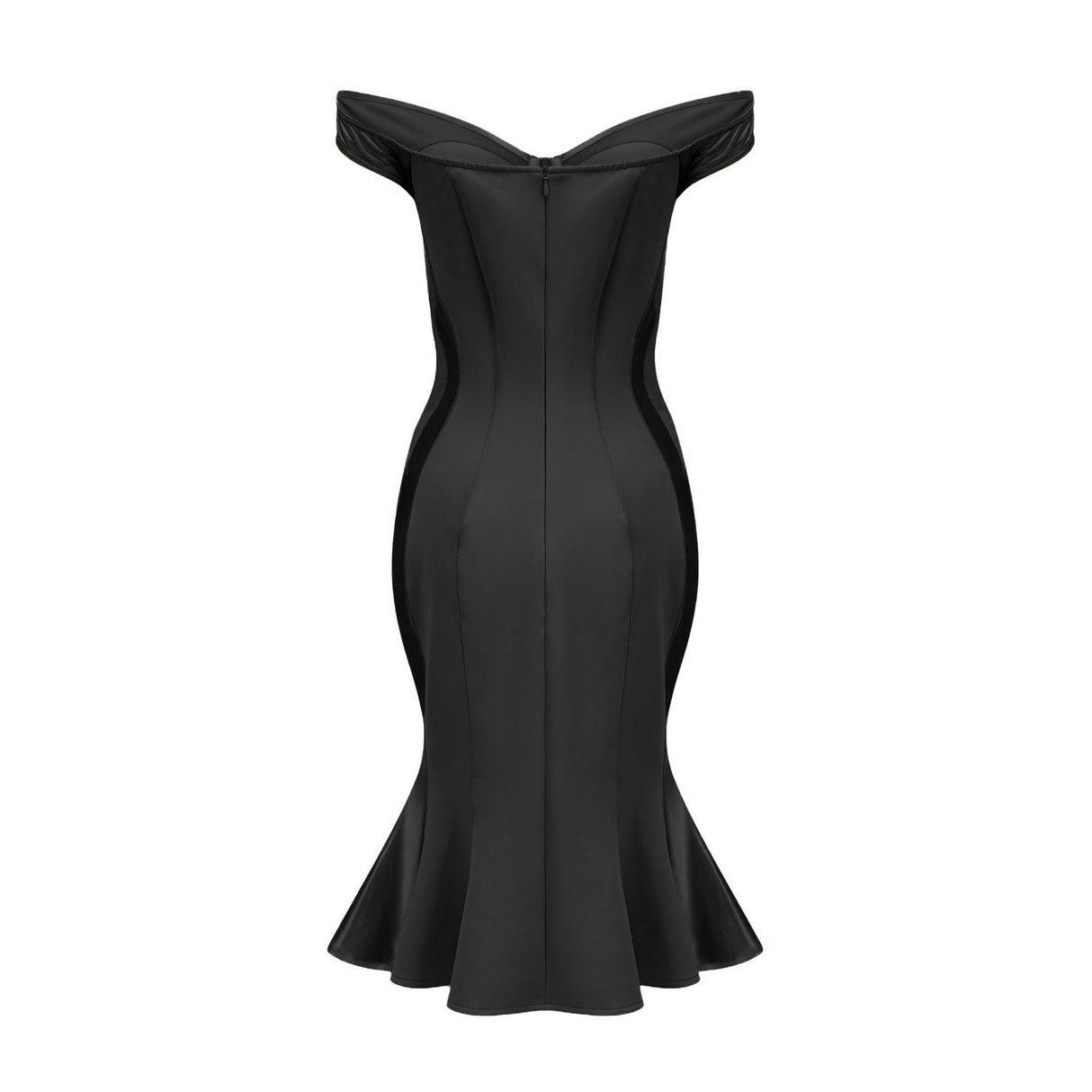 Armanda Off the Shoulder - Bustier Style - Waist Tightened - Satin Finish - Flared Hem - Midi Dress