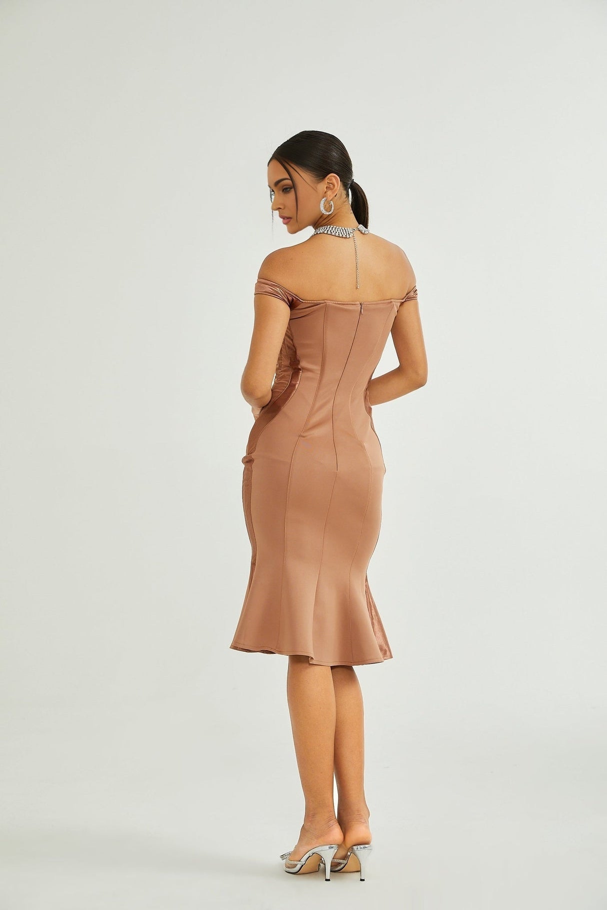 Armanda Off the Shoulder - Bustier Style - Waist Tightened - Satin Finish - Flared Hem - Midi Dress