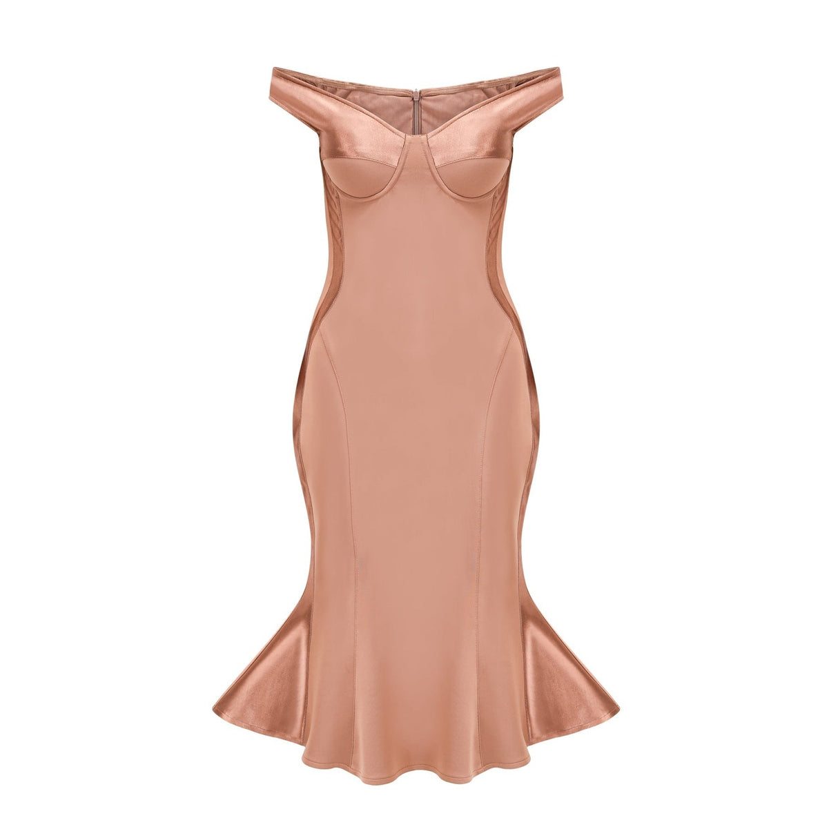 Armanda Off the Shoulder - Bustier Style - Waist Tightened - Satin Finish - Flared Hem - Midi Dress