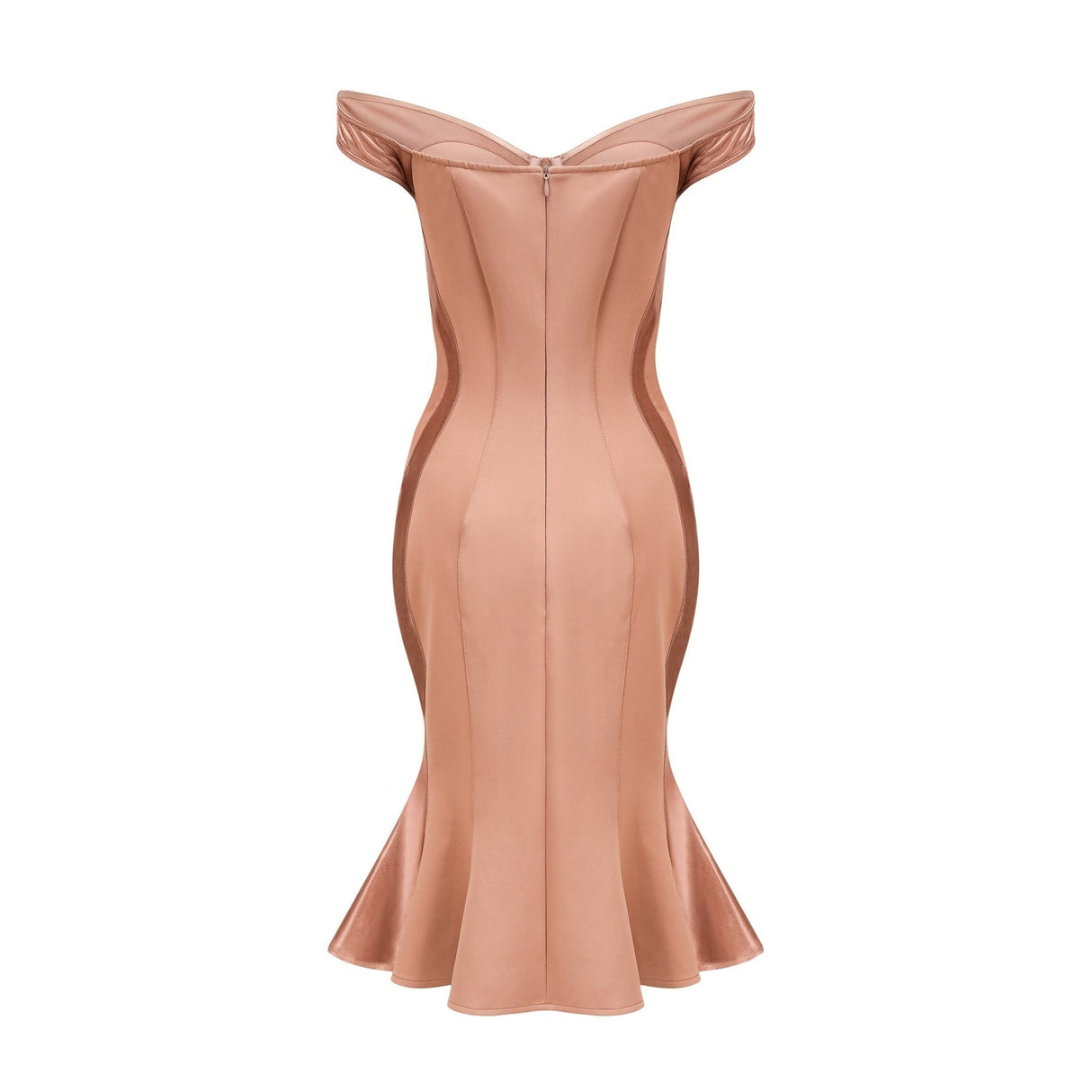 Armanda Off the Shoulder - Bustier Style - Waist Tightened - Satin Finish - Flared Hem - Midi Dress