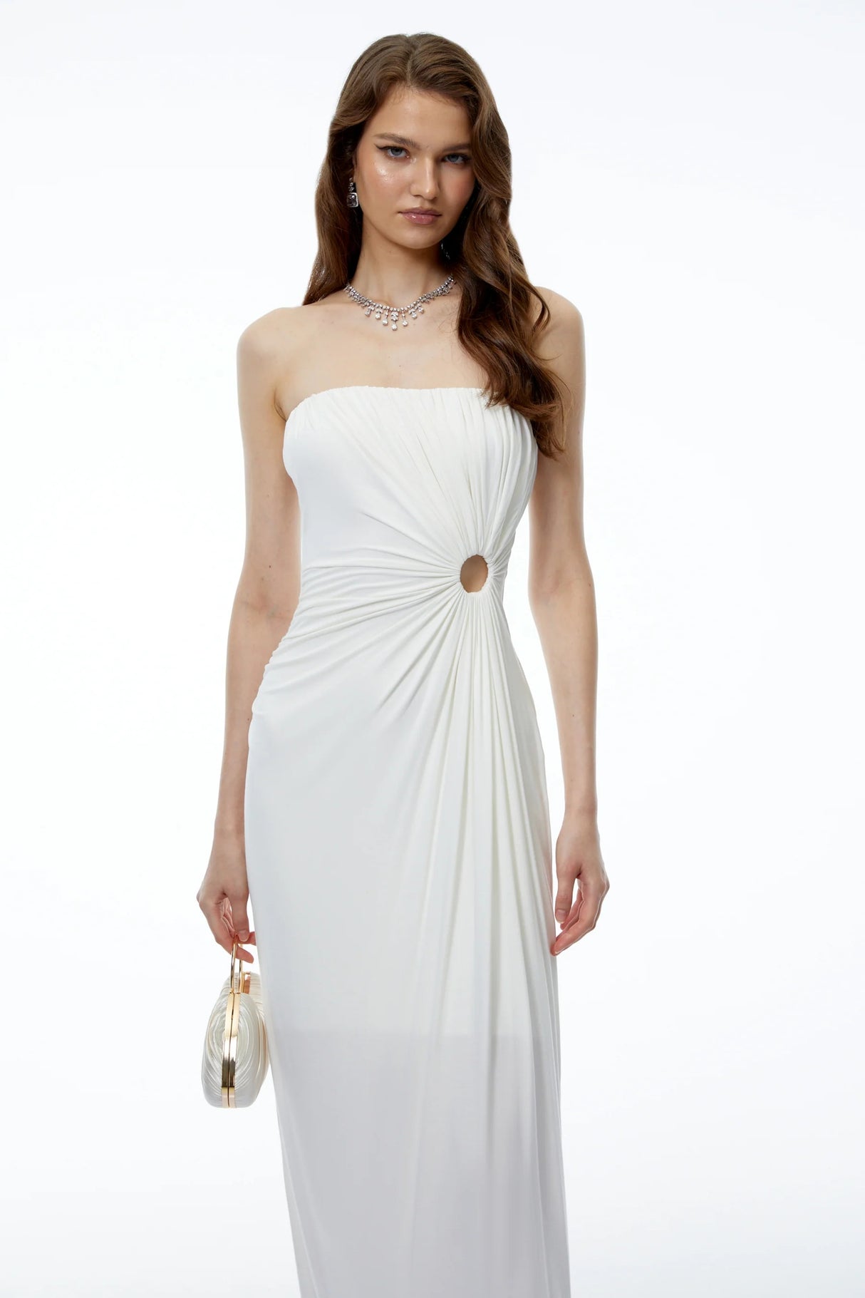 Aroha White Off Shoulder Ruched Maxi Dress