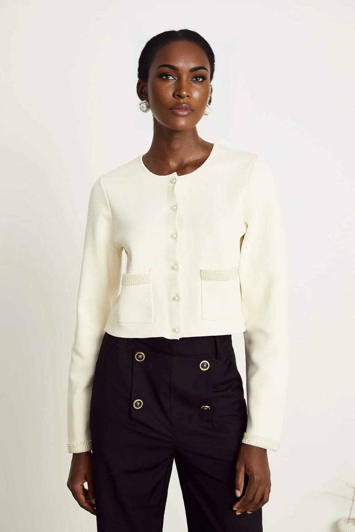 Artemide Cardigan - Faux - Pearl Embellishment - Front Button Fastening - Patch Pockets - Cropped