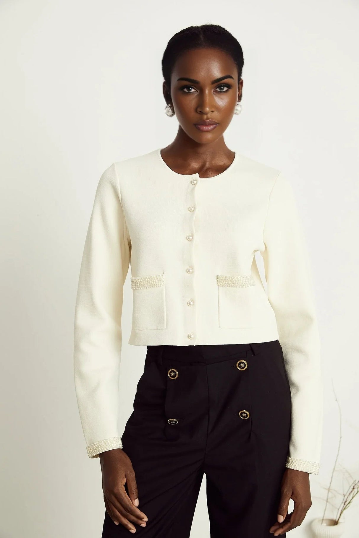 Artemide Cardigan - Faux - Pearl Embellishment - Front Button Fastening - Patch Pockets - Cropped