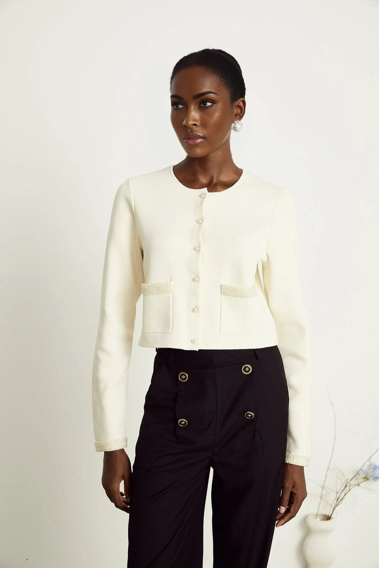 Artemide Cardigan - Faux - Pearl Embellishment - Front Button Fastening - Patch Pockets - Cropped