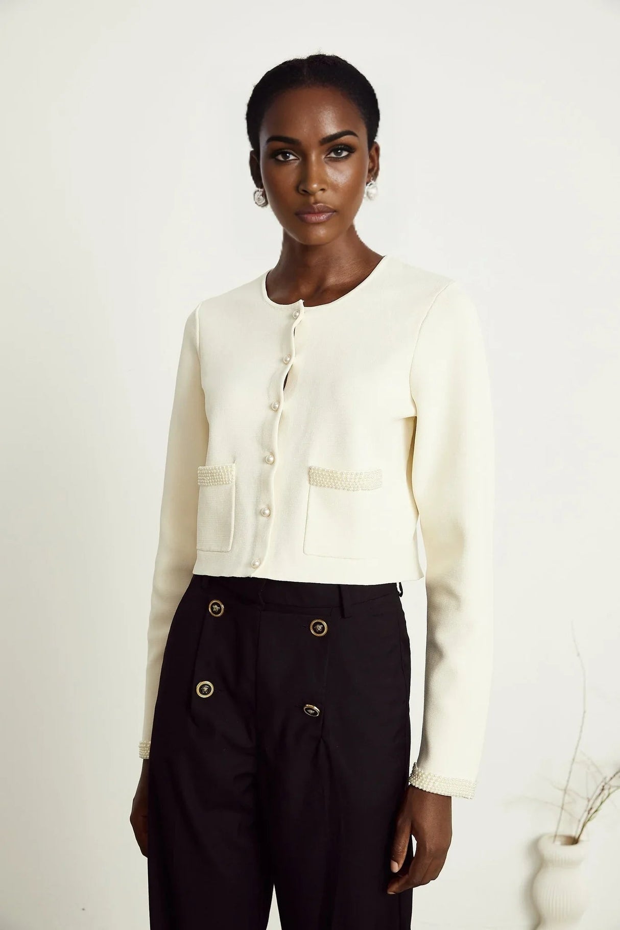 Artemide Cardigan - Faux - Pearl Embellishment - Front Button Fastening - Patch Pockets - Cropped